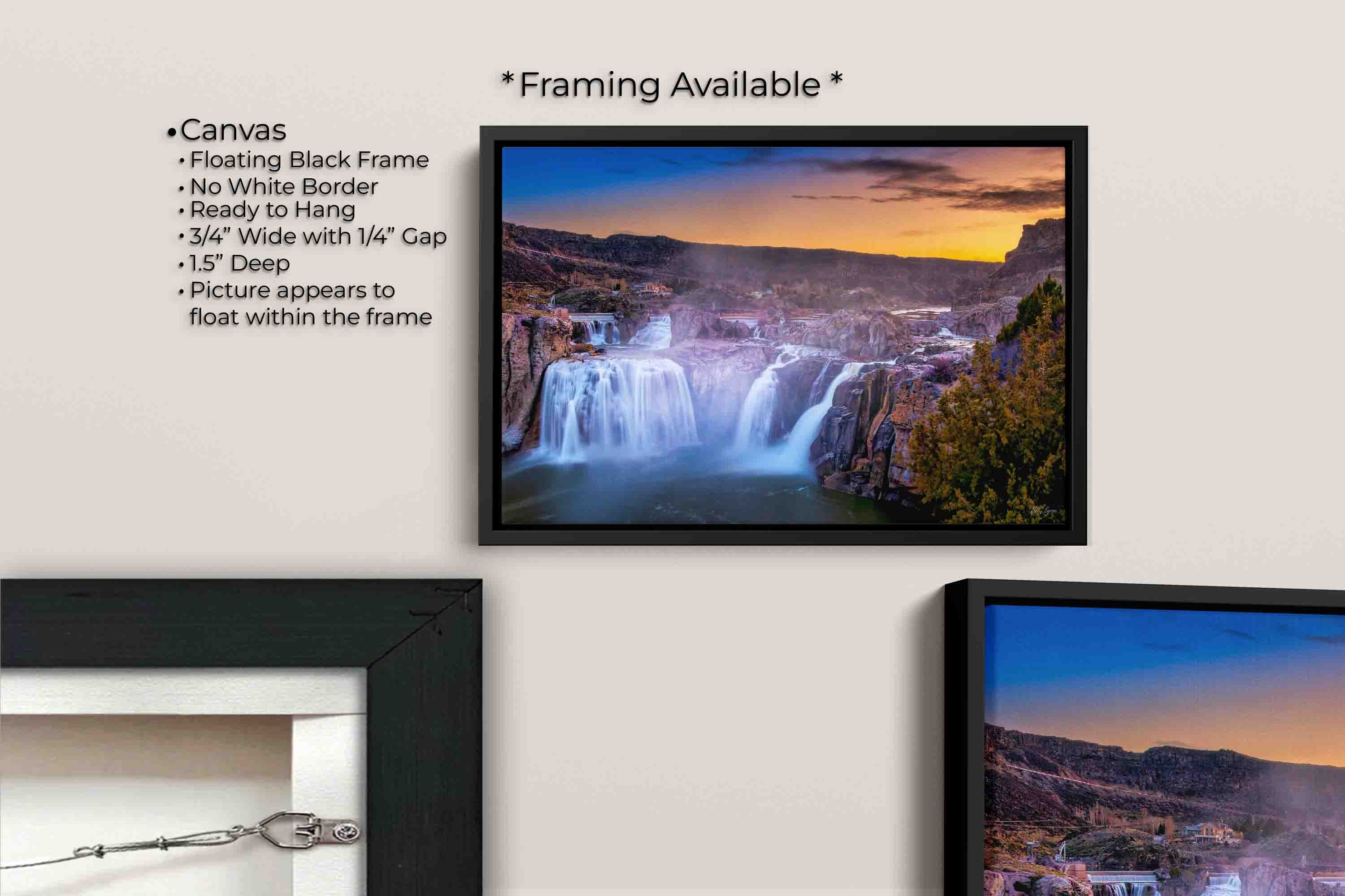 Shoshone Falls sunset, The Niagara of The West fine art print canvas wall art in black float frame, canvas framing option details