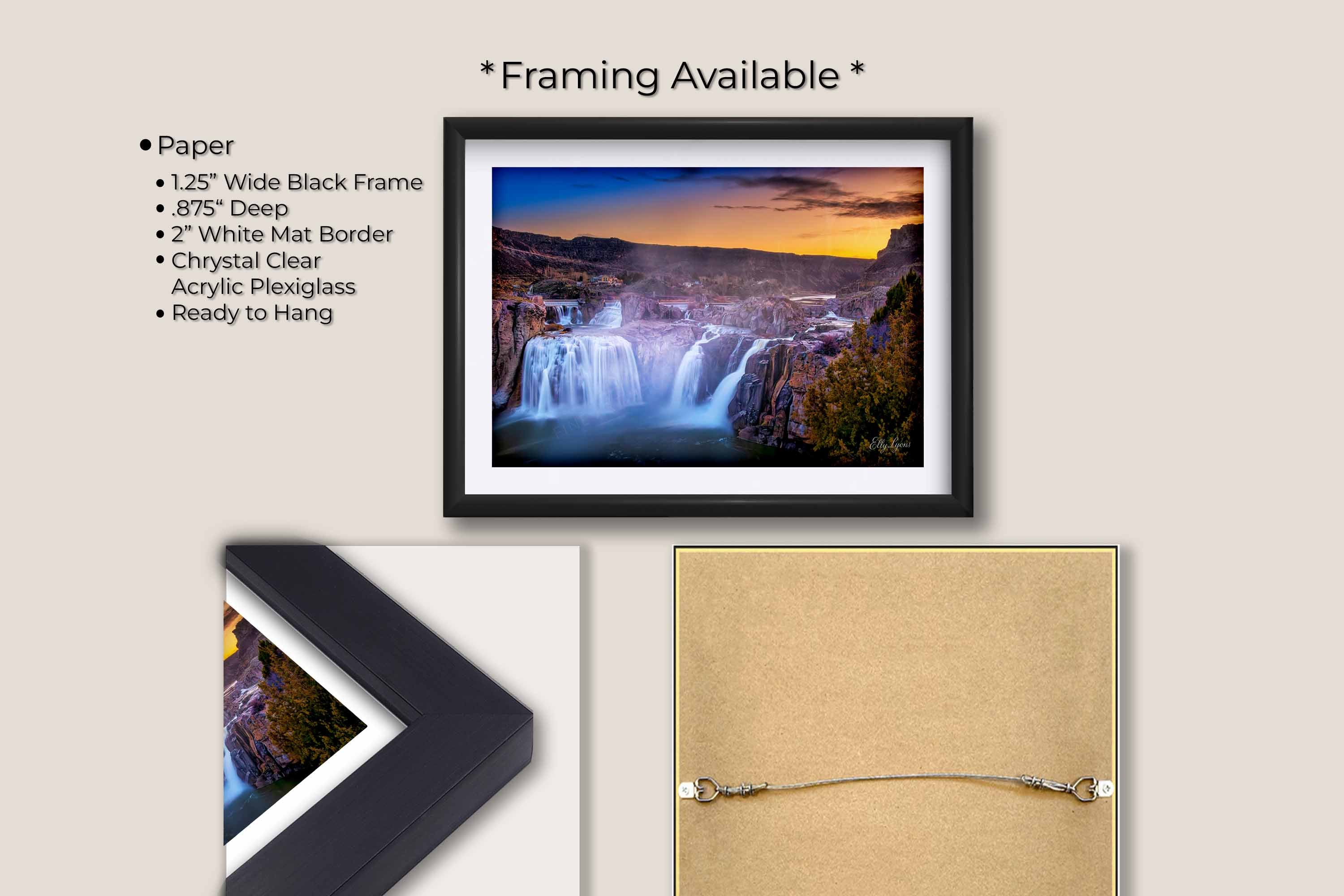 Shoshone Falls sunset, The Niagara of The West fine art print in black frame with white mat, paper and framing option details