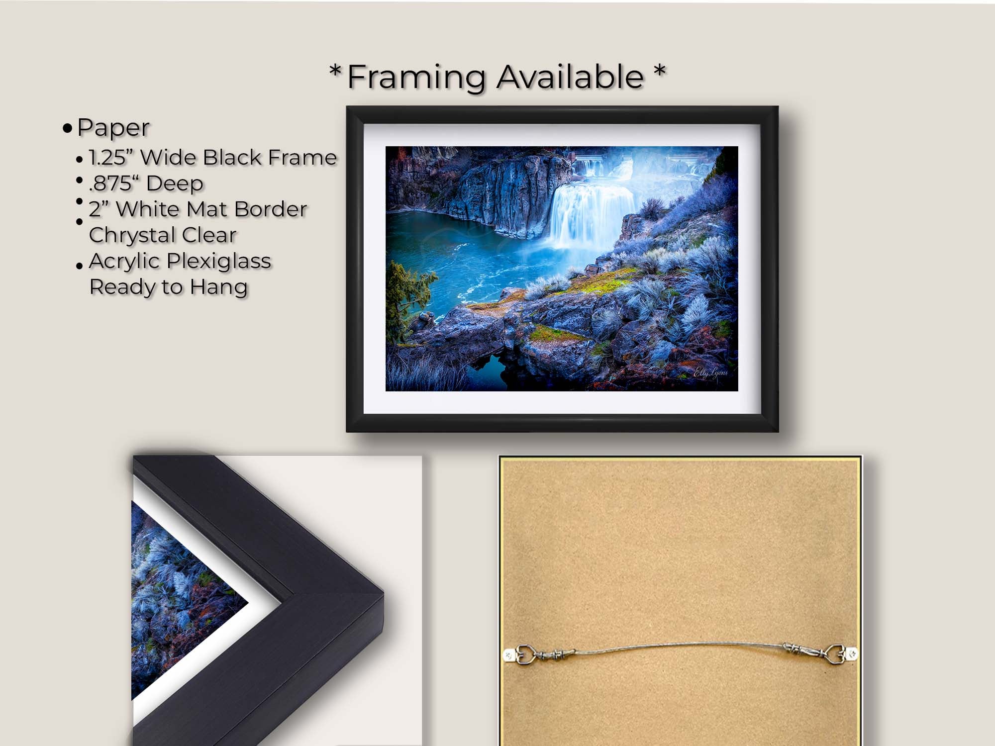 Shoshone Falls in Idaho fine art print in black frame with white mat, paper and framing option details