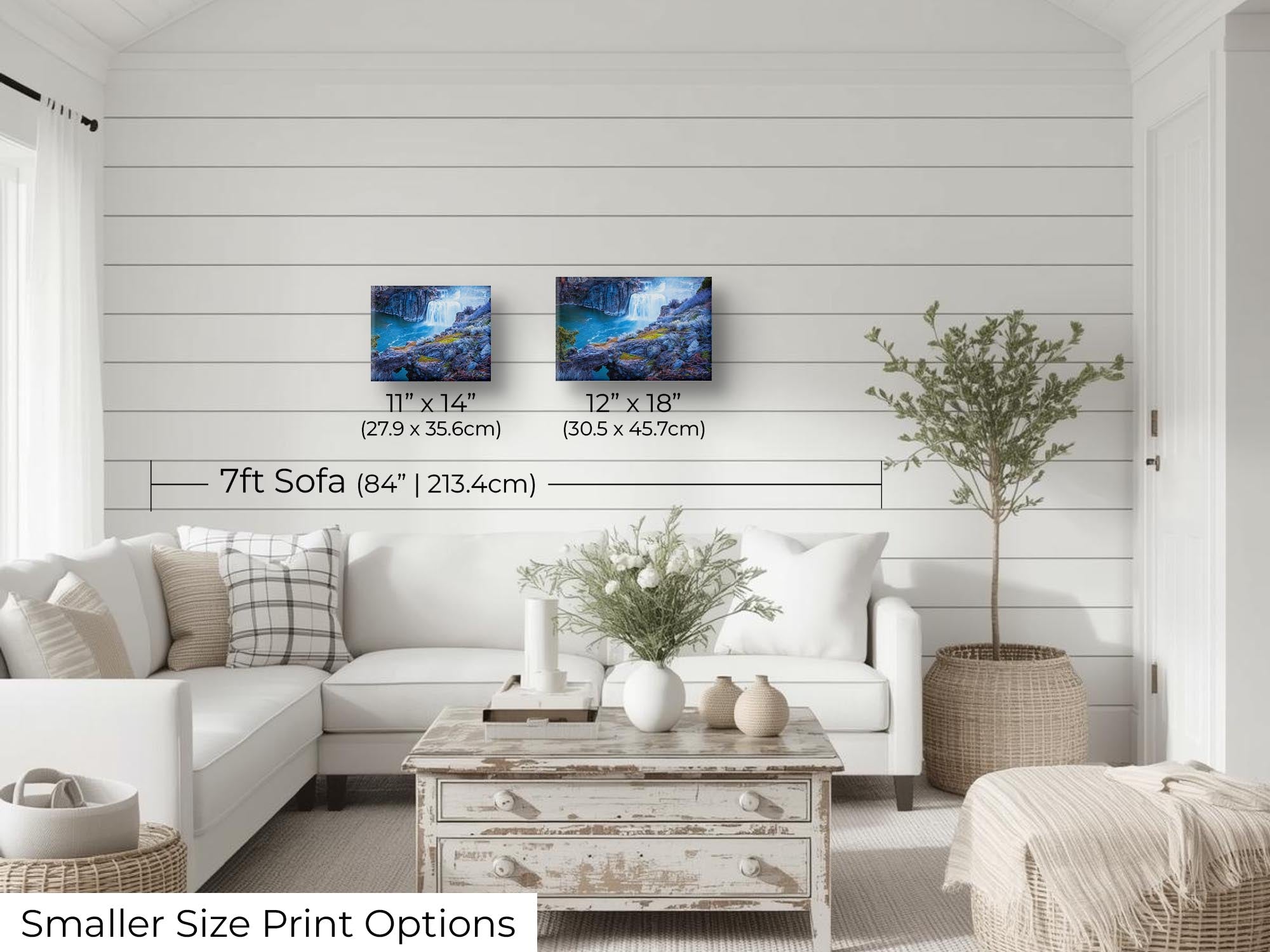 Shoshone Falls in Idaho fine art print wall art size mockup showing 11x14 and 12x18 inch prints above a seven foot sofa