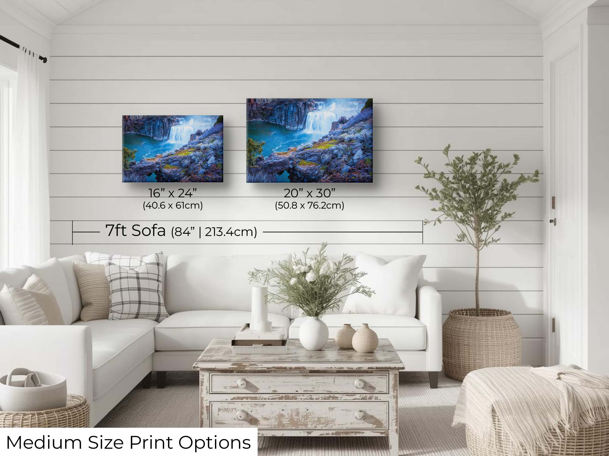 Shoshone Falls in Idaho fine art print wall art size mockup showing 16x24 and 20x30 inch prints above a seven foot sofa 