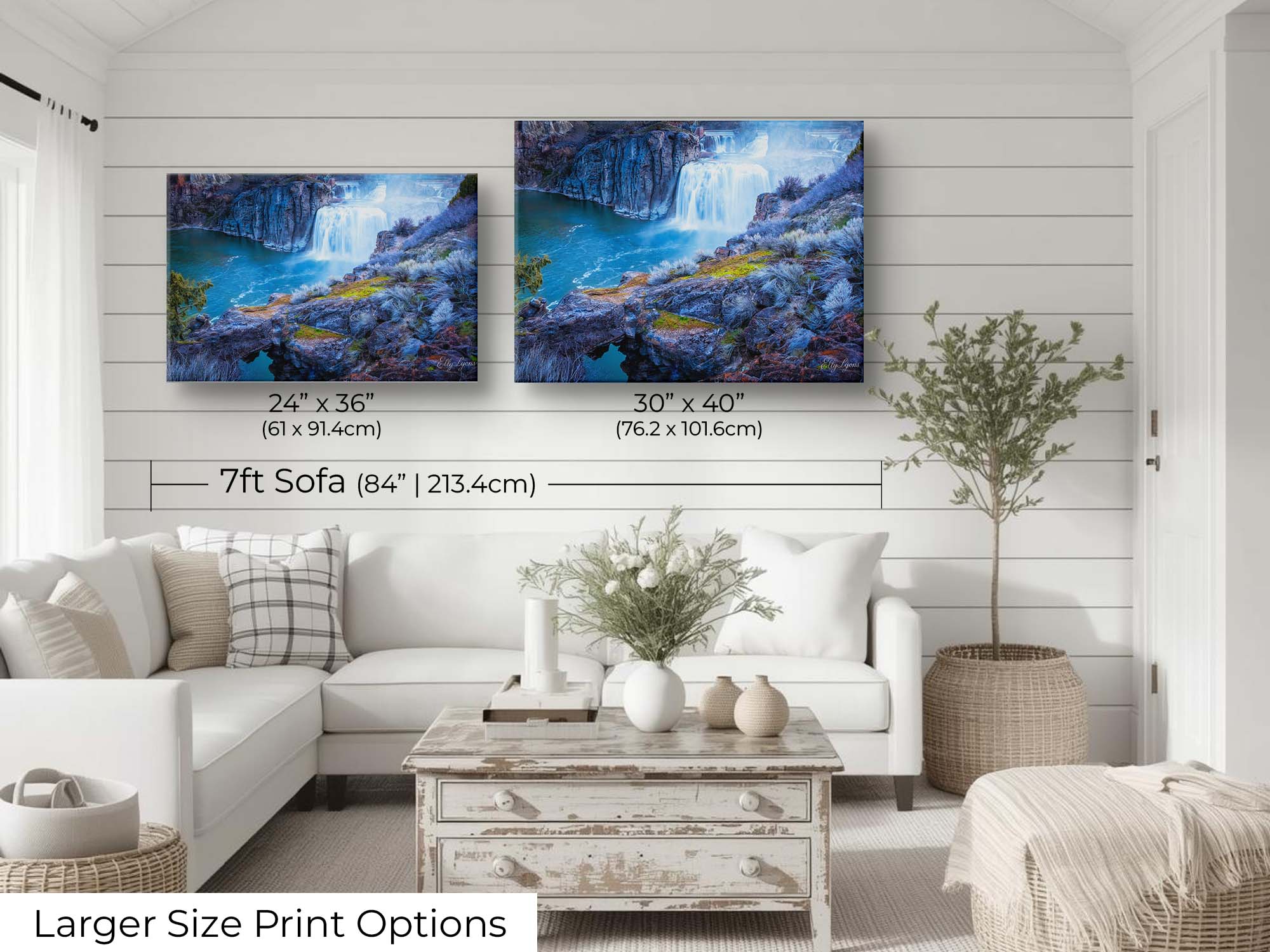 Shoshone Falls in Idaho fine art print wall art size mockup showing 24x36 and 30x40 inch prints above a seven foot sofa