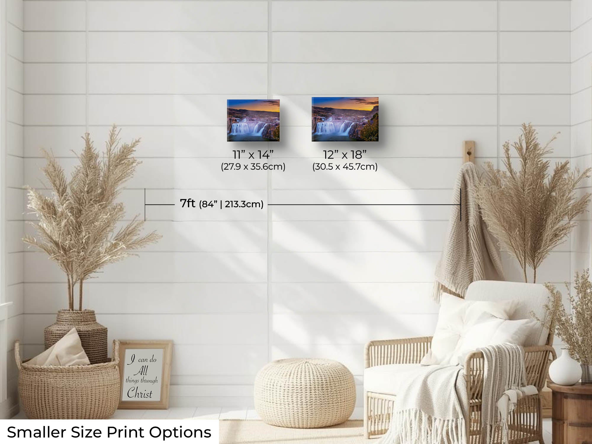 Shoshone Falls sunset, The Niagara of The West fine art print wall art size mockup showing 11x14 and 12x18 inch prints above a reading chair by a seven foot wall