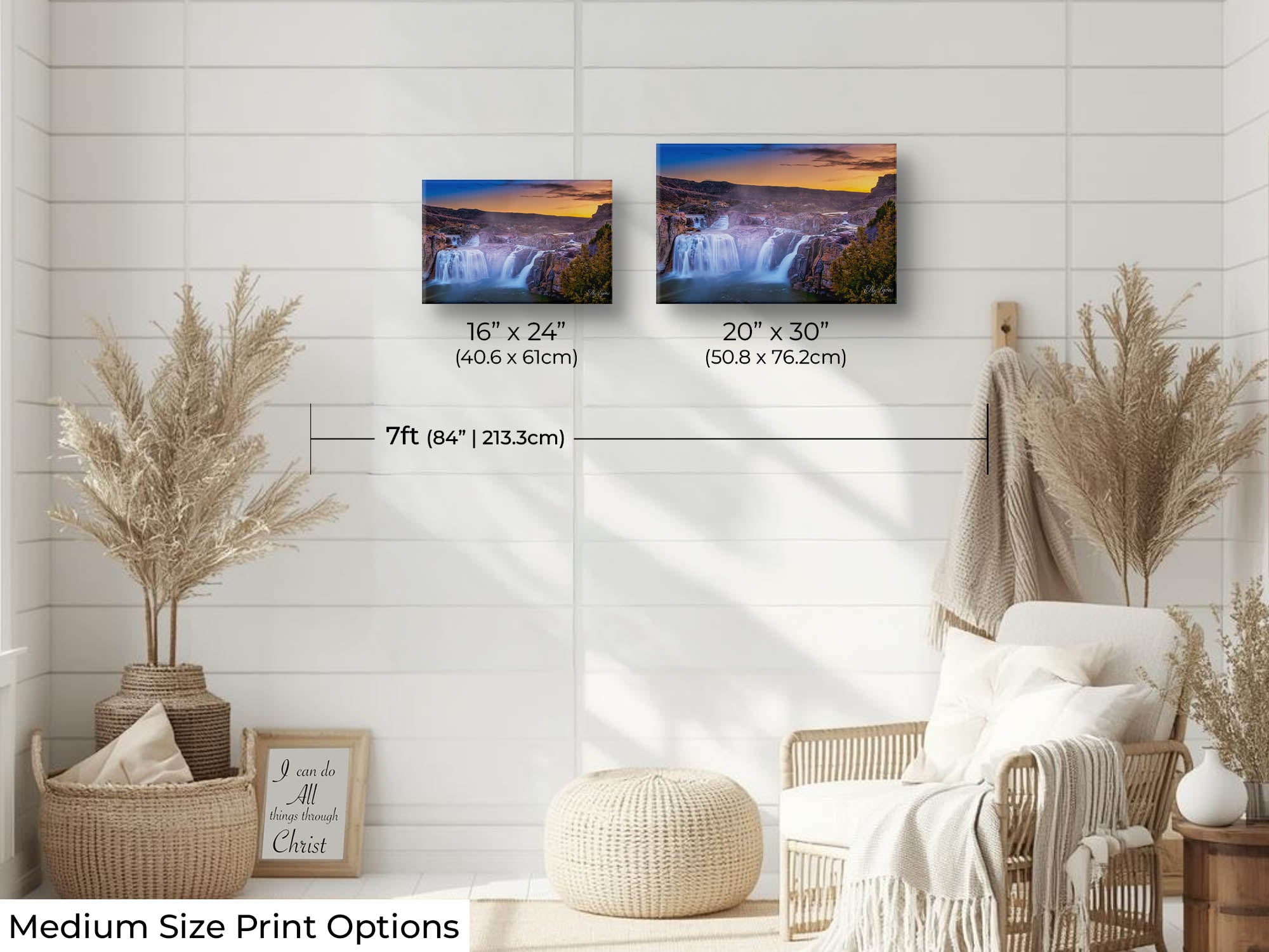 Shoshone Falls sunset, The Niagara of The West fine art print wall art size mockup showing 16x24 and 20x30 inch prints above a reading chair by a seven foot wall