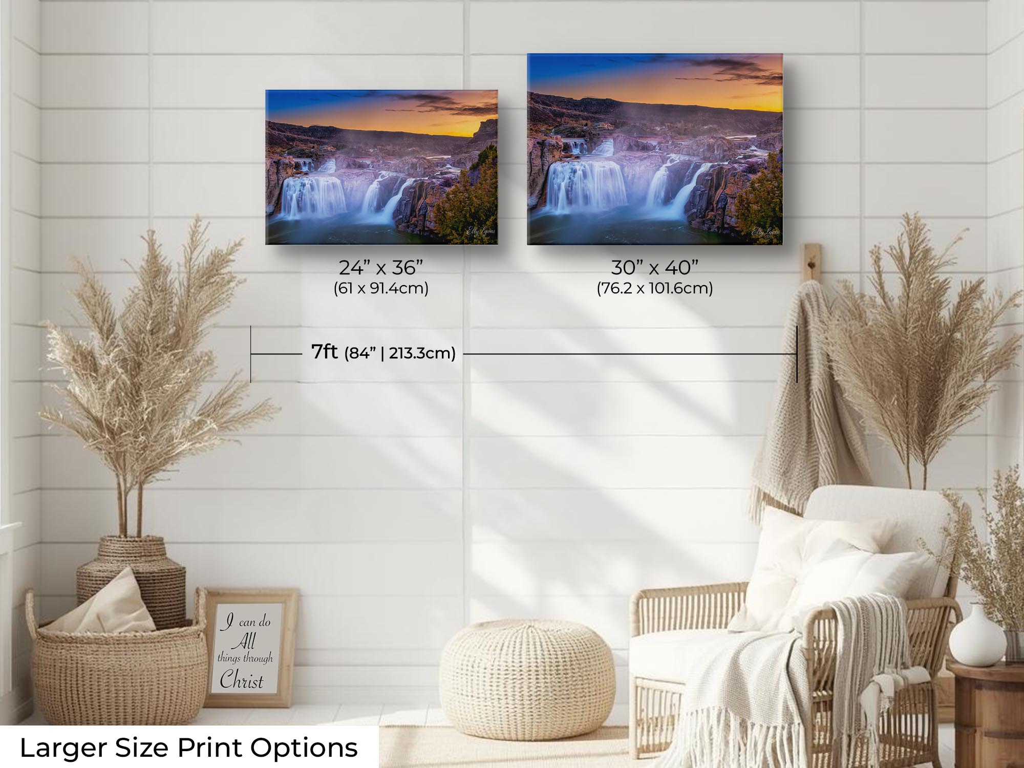 Shoshone Falls sunset, The Niagara of The West fine art print wall art size mockup showing 24x36 and 30x40 inch prints above a reading chair by a seven foot wall