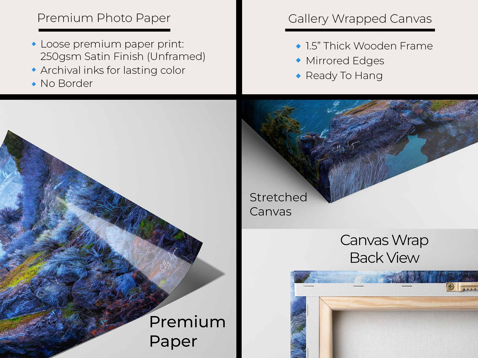 Shoshone Falls in Idaho fine art print artwork materials mockup showing premium photo paper and gallery wrapped canvas close up