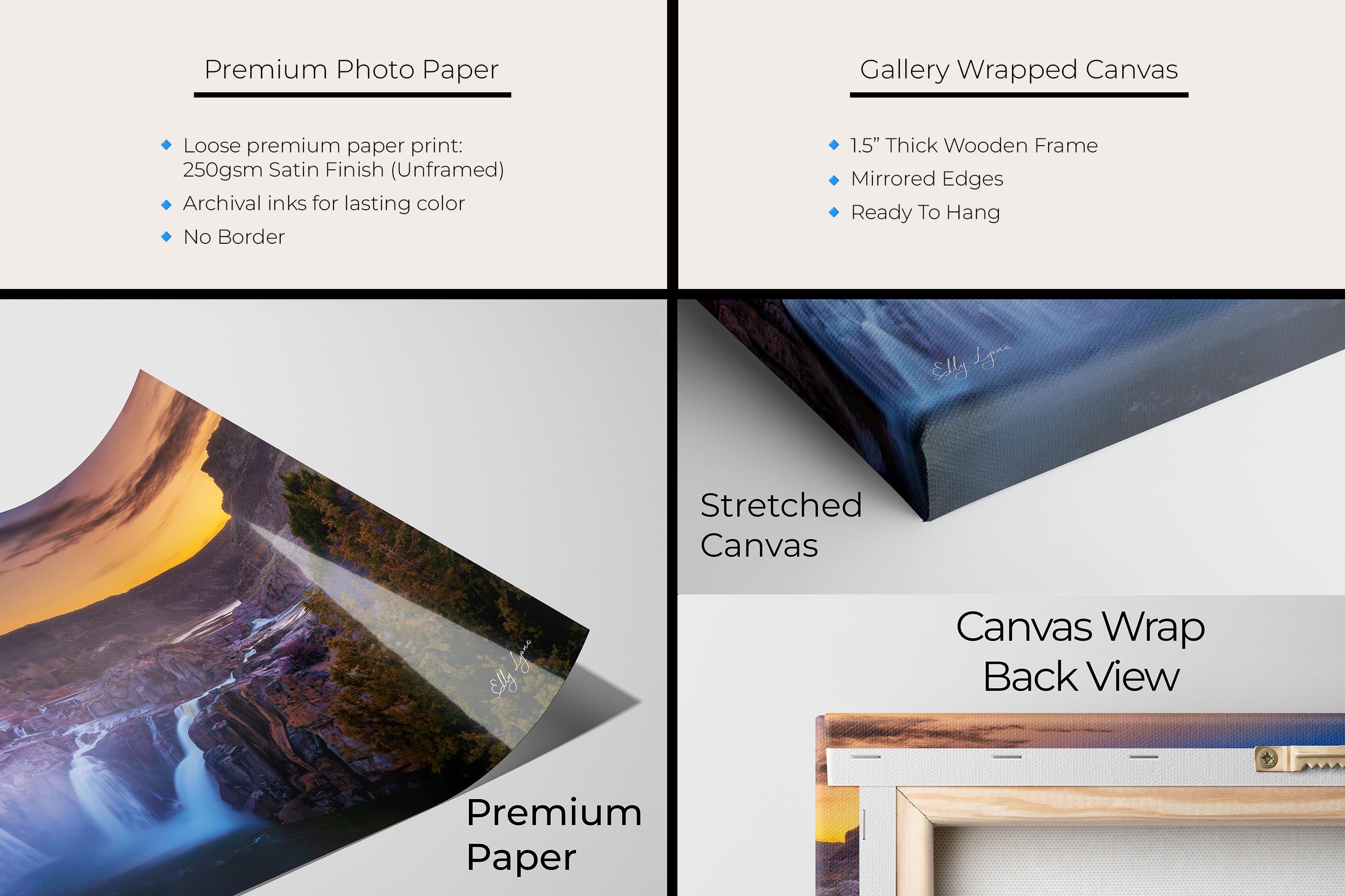 Shoshone Falls sunset, The Niagara of The West fine art print artwork materials mockup showing premium photo paper and gallery wrapped canvas close up