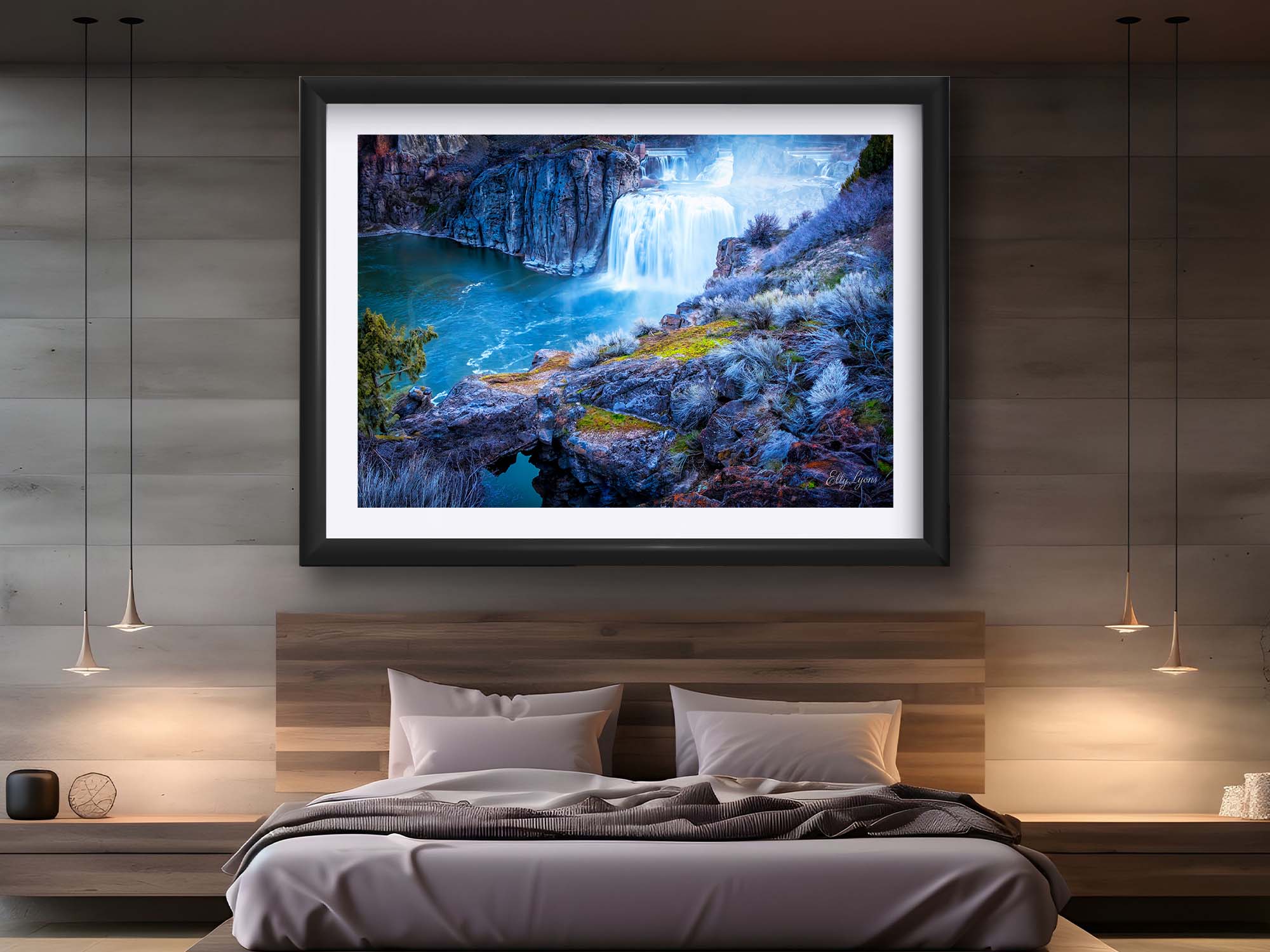 Shoshone Falls in Idaho fine art print in black frame styled above a bed in a bright bedroom