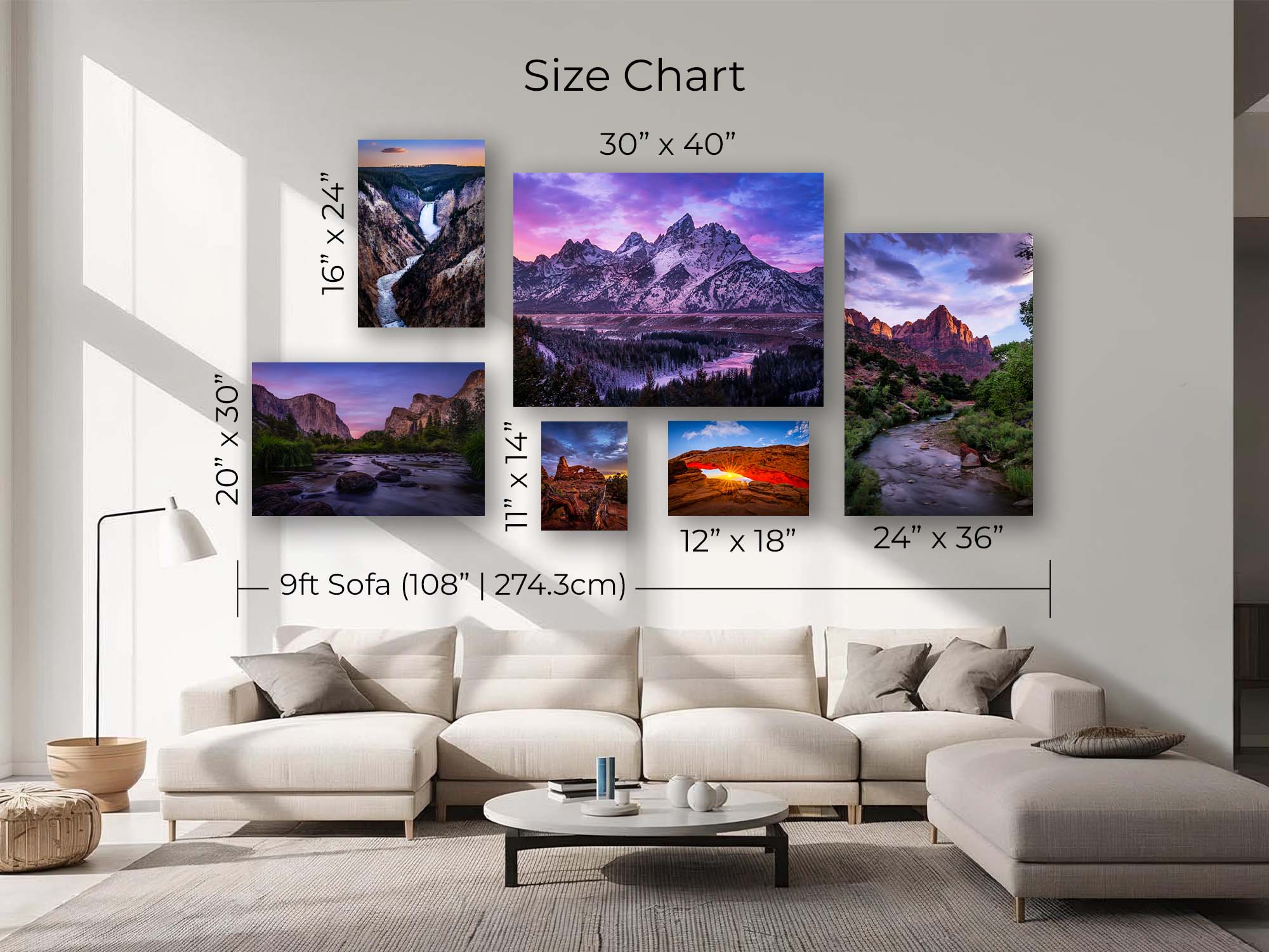 A size chart mockup showing a set of six national park wall art prints arranged above a cream sectional sofa in a modern living room. Text labels indicate the dimensions of each print and the overall sofa width.