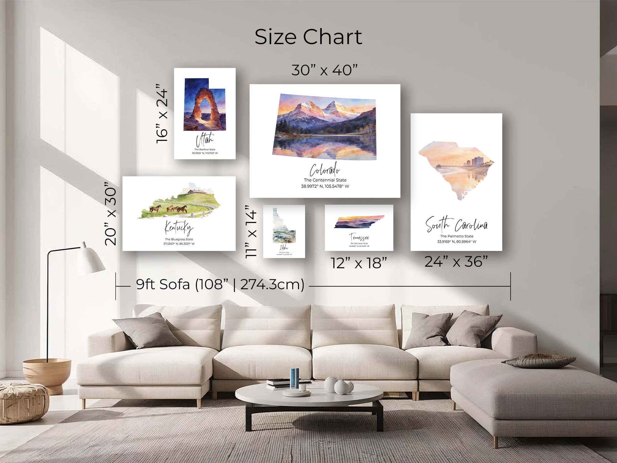 A size chart mockup showing a set of six state map wall art prints arranged above a cream sectional sofa in a modern living room. Text labels indicate the dimensions of each print and the overall sofa width.