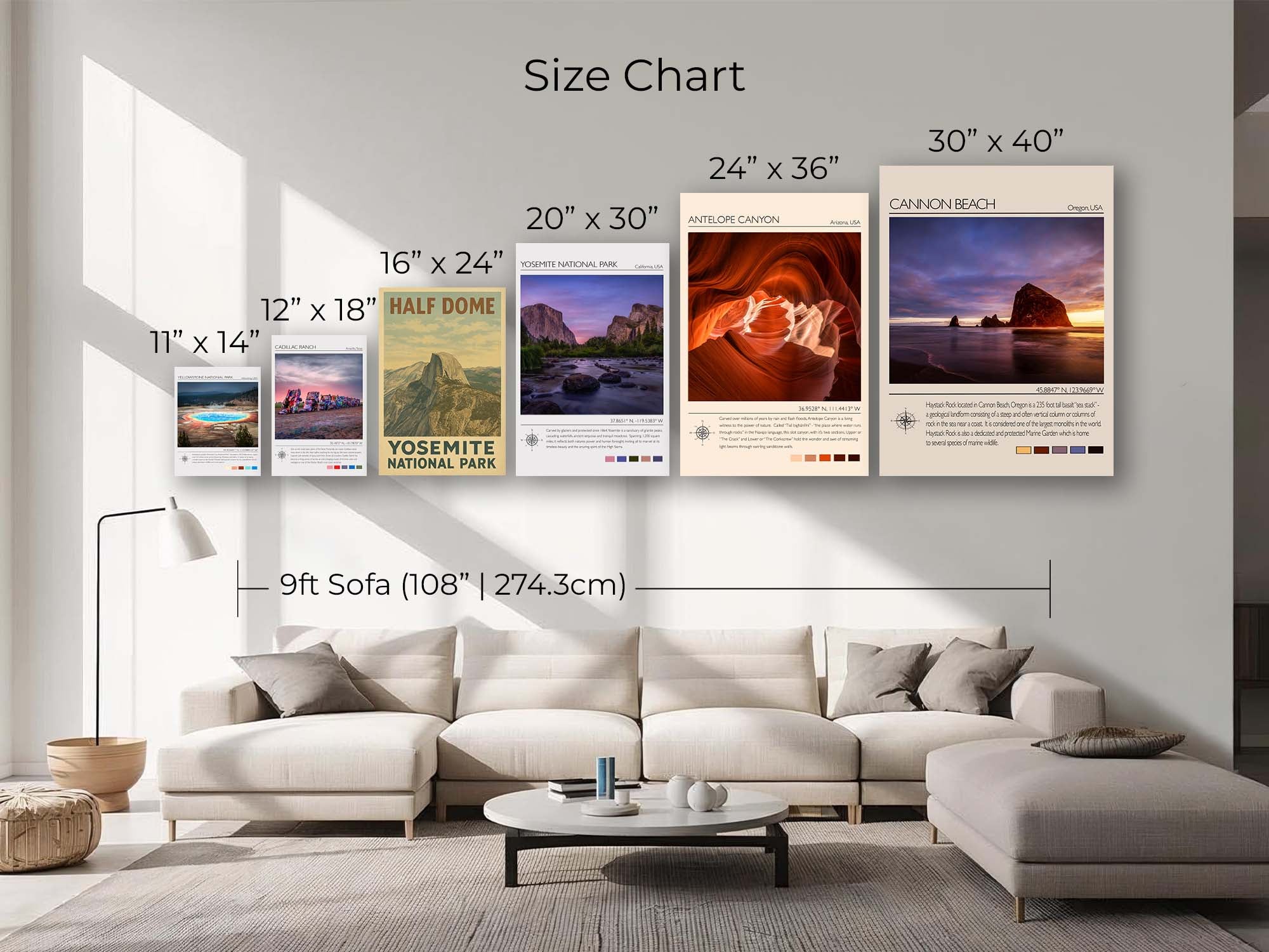 A size chart mockup showing a set of six colorful travel poster wall art prints arranged above a cream sectional sofa in a modern living room. Text labels indicate the dimensions of each print and the overall sofa width.