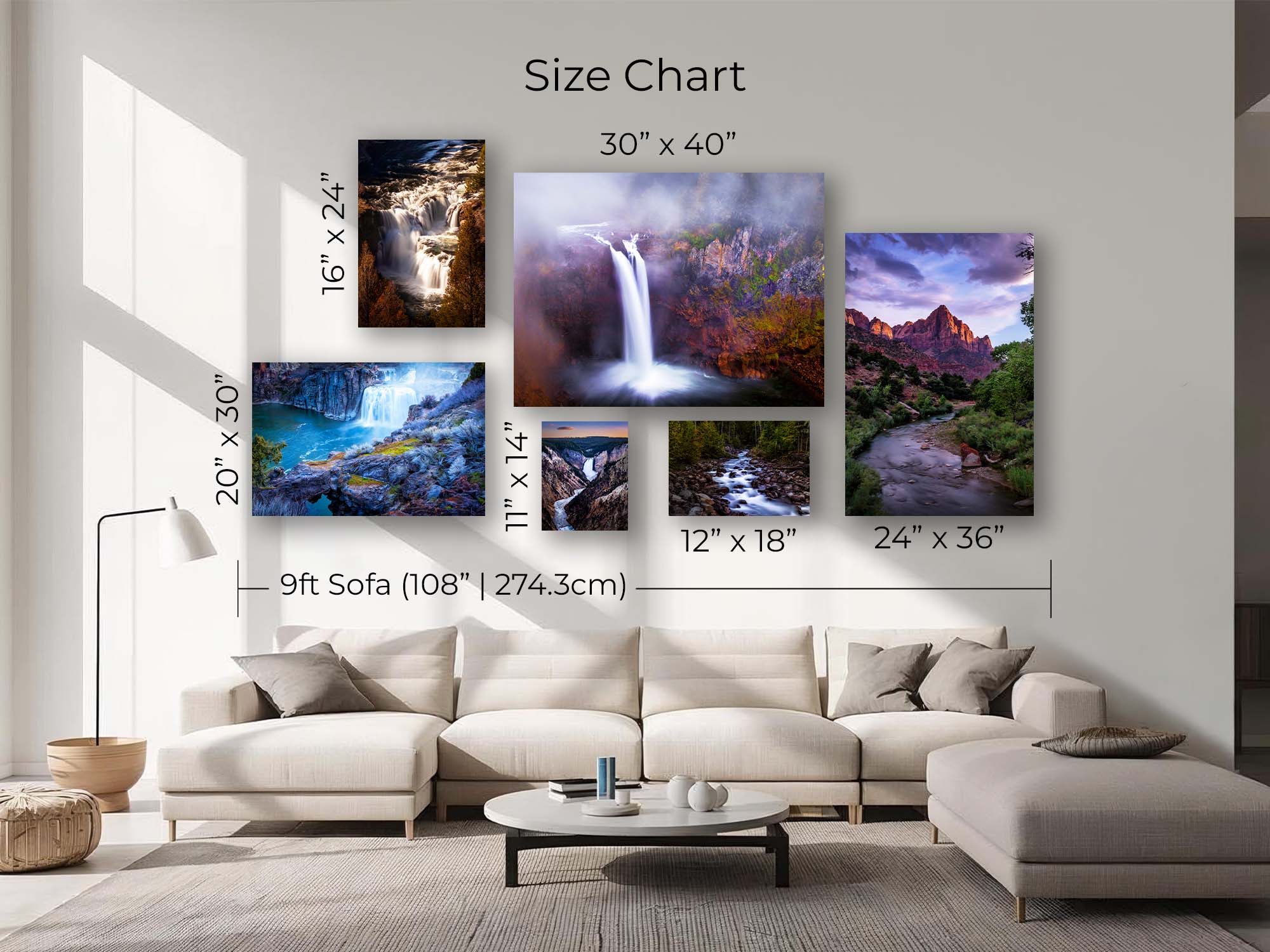 A size chart mockup showing a set of six water landscape wall art prints arranged above a cream sectional sofa in a modern living room. Text labels indicate the dimensions of each print and the overall sofa width.