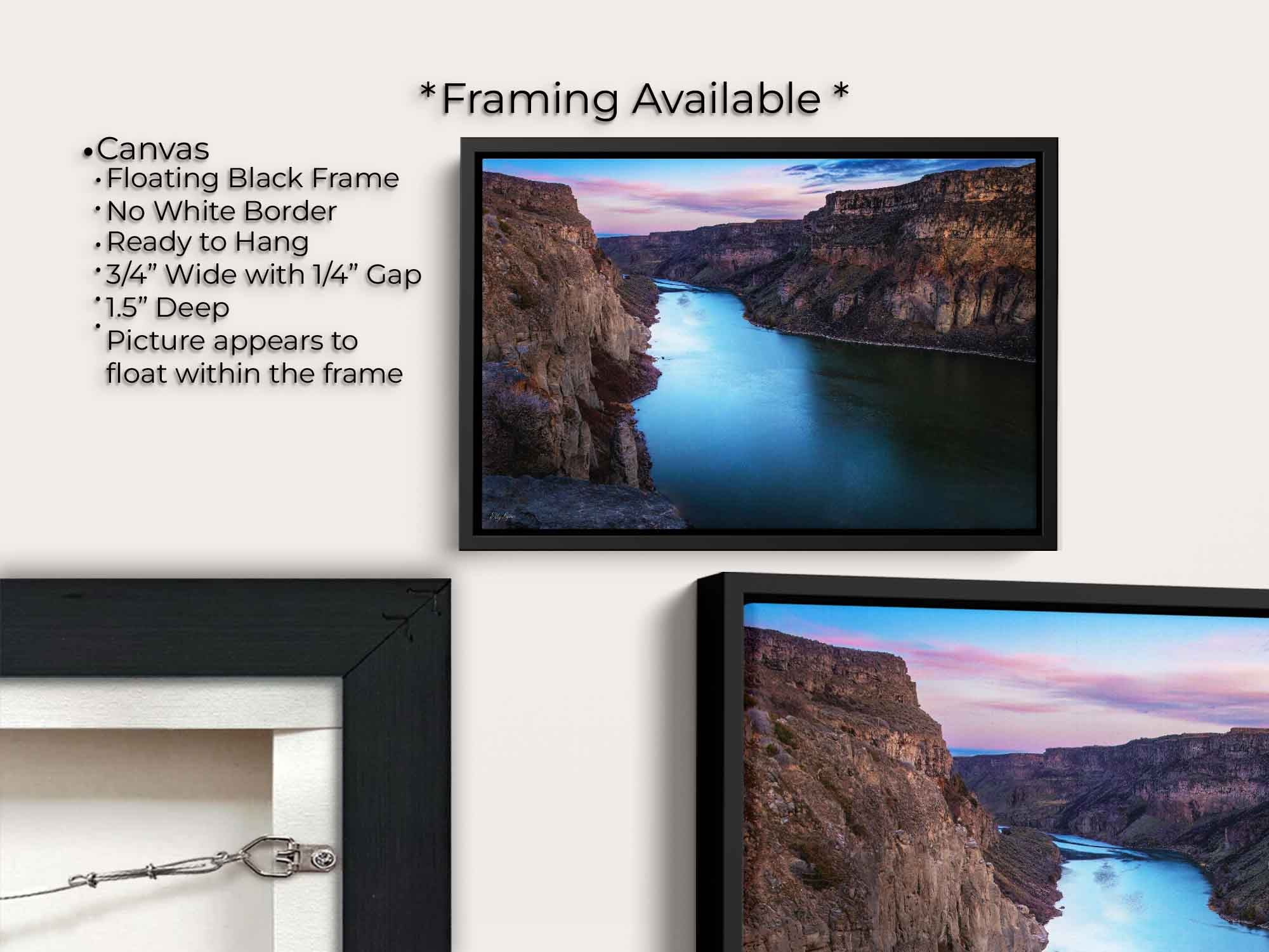 Snake River Canyon in Idaho at sunrise fine art print canvas wall art in black float frame, canvas framing option details
