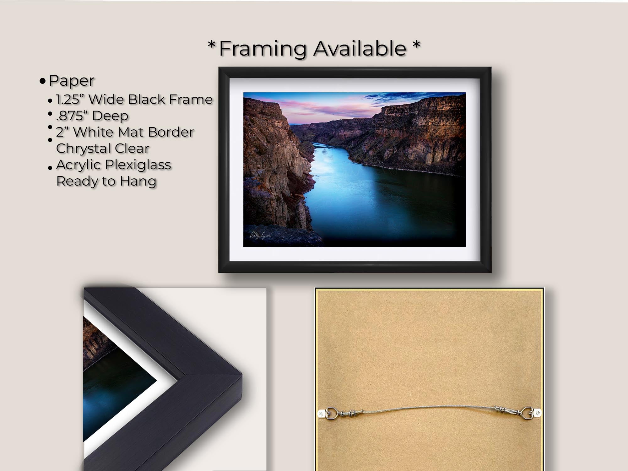 Snake River Canyon in Idaho at sunrise fine art print in black frame with white mat, paper and framing option details