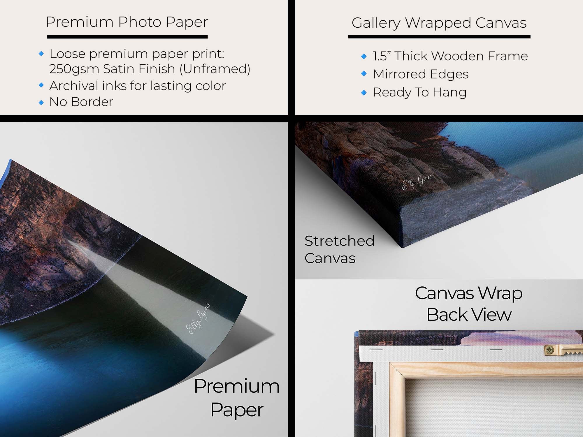 Snake River Canyon in Idaho at sunrise fine art print artwork materials mockup showing premium photo paper and gallery wrapped canvas close up