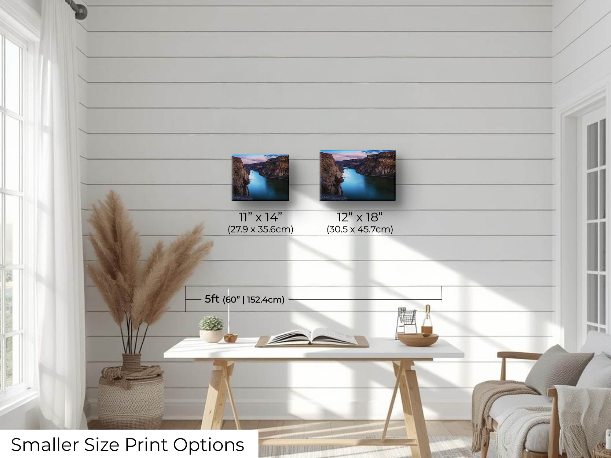 Snake River Canyon in Idaho at sunrise fine art print wall art size mockup showing 11x14 and 12x18 inch prints above a five foot office desk