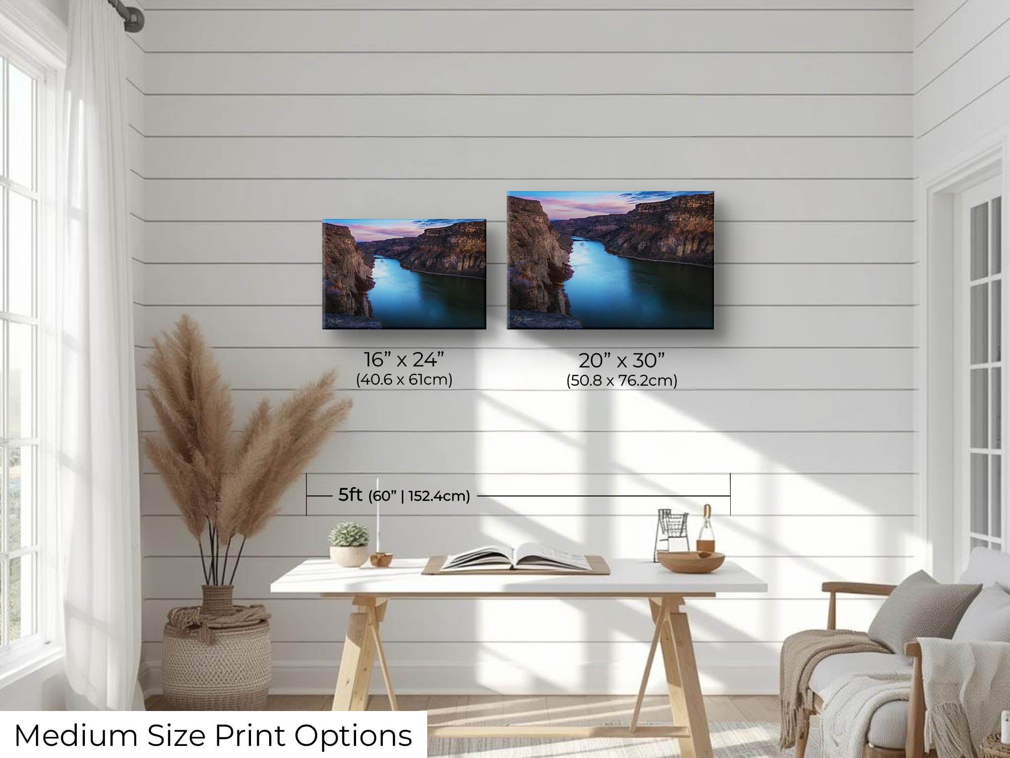Snake River Canyon in Idaho at sunrise fine art print wall art size mockup showing 16x24 and 20x30 inch prints above a five foot office desk