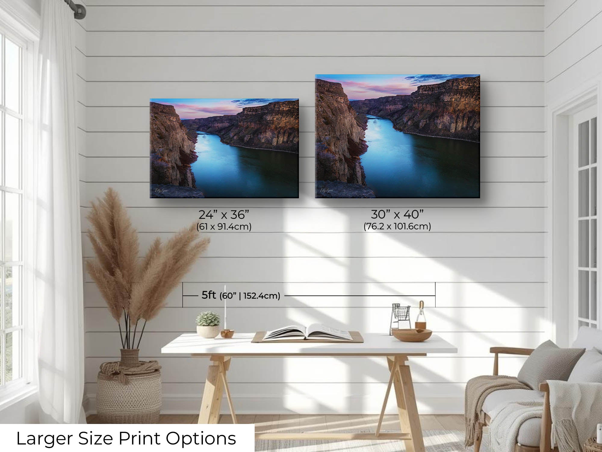 Snake River Canyon in Idaho at sunrise fine art print wall art size mockup showing 24x36 and 30x40 inch prints above a five foot office desk
