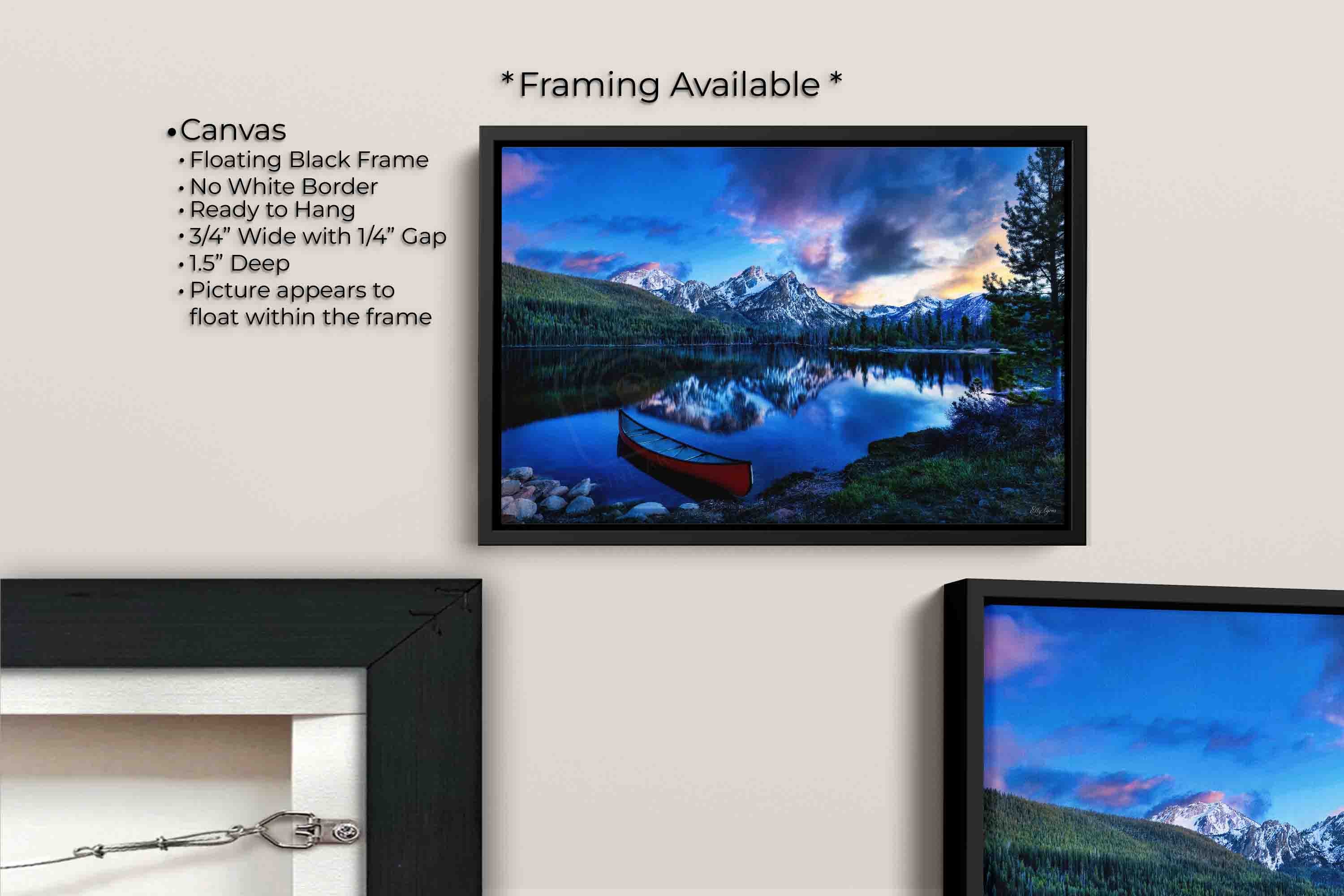 Sawtooth mountains at Stanley Lake in Idaho at sunset fine art print canvas wall art in black float frame, canvas framing option details