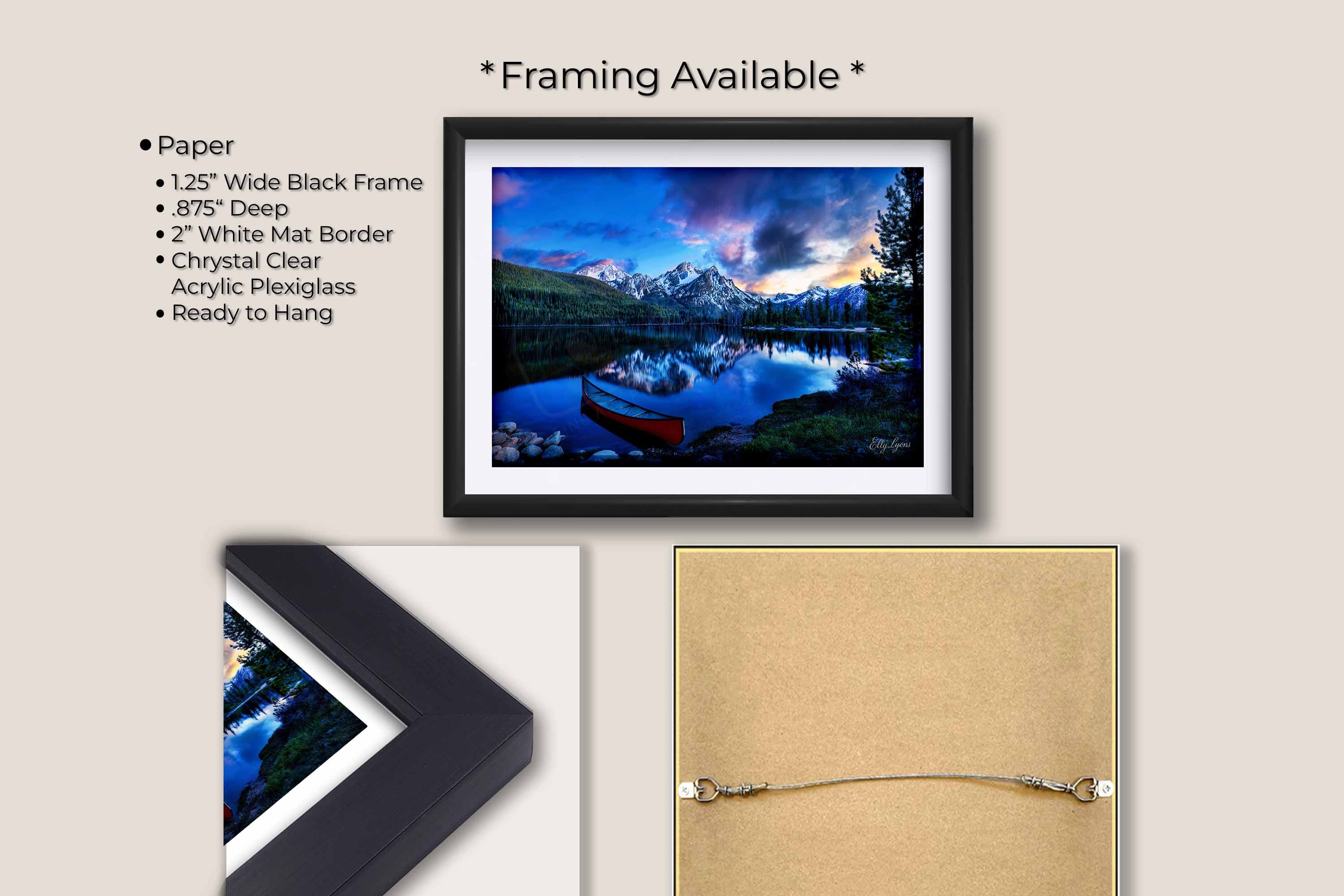 Sawtooth mountains at Stanley Lake in Idaho at sunset fine art print in black frame with white mat, paper and framing option details
