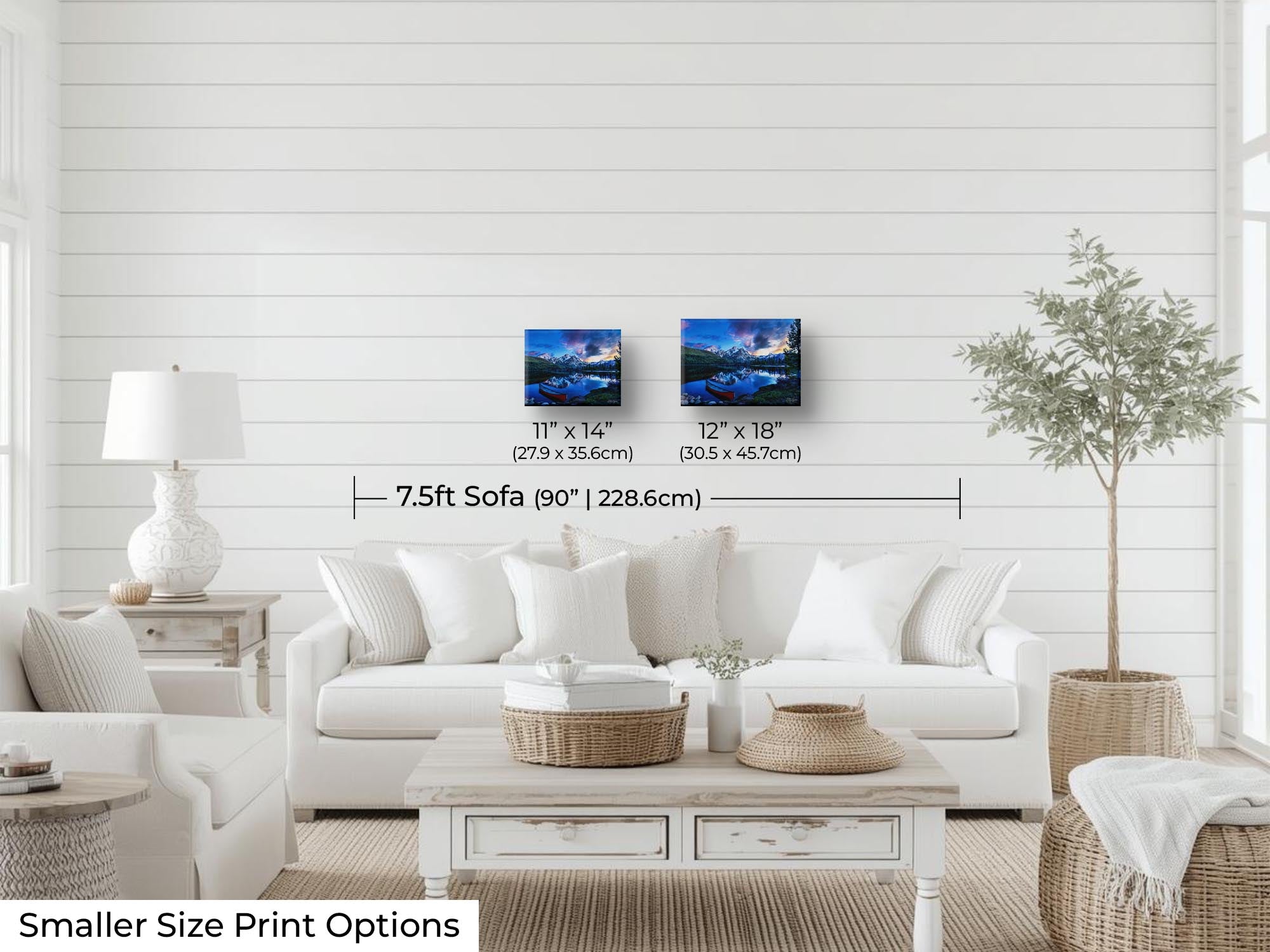Sawtooth mountains at Stanley Lake in Idaho at sunset fine art print wall art size mockup showing 11x14 and 12x18 inch prints above a seven and a half foot sofa 