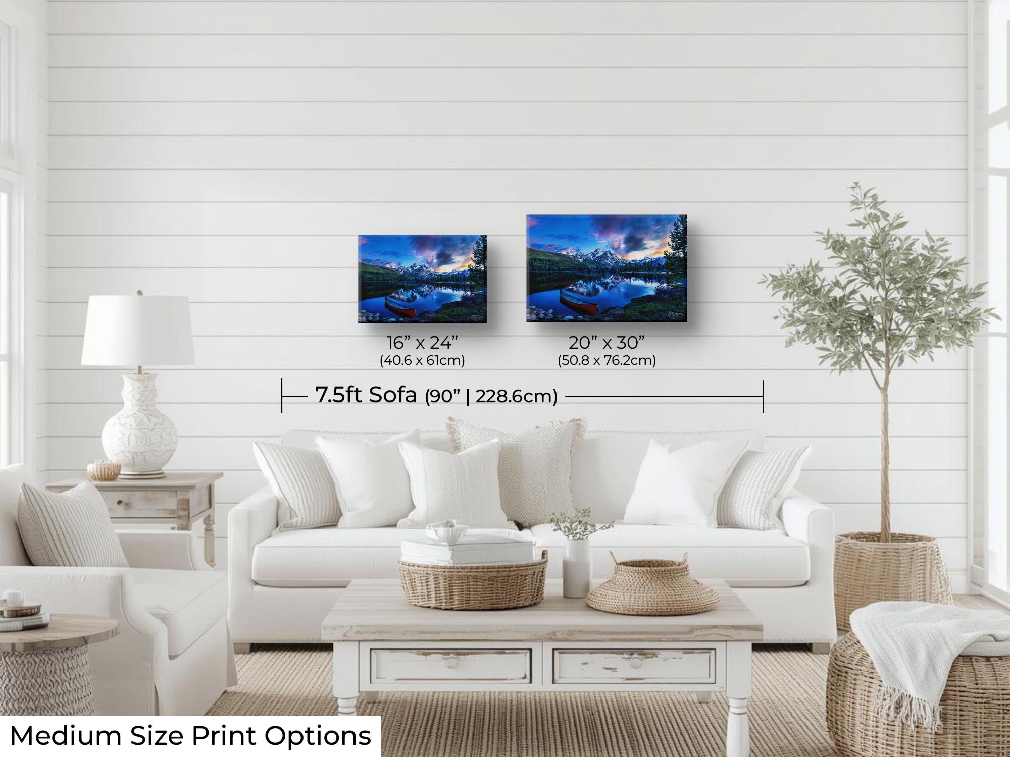Sawtooth mountains at Stanley Lake in Idaho at sunset fine art print wall art size mockup showing 16x24 and 20x30 inch prints above a seven and a half foot sofa 