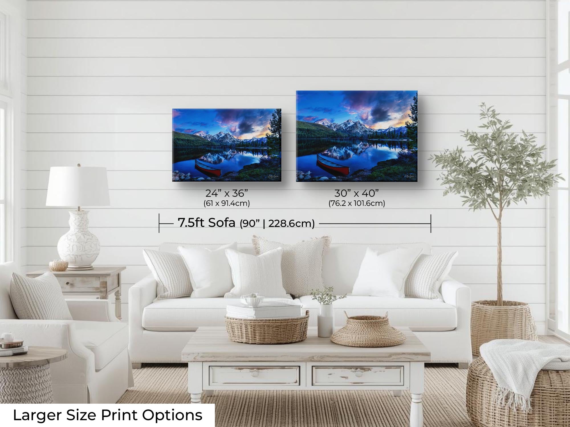 Sawtooth mountains at Stanley Lake in Idaho at sunset fine art print wall art size mockup showing 24x36 and 30x40 inch prints above a seven and a half foot sofa 