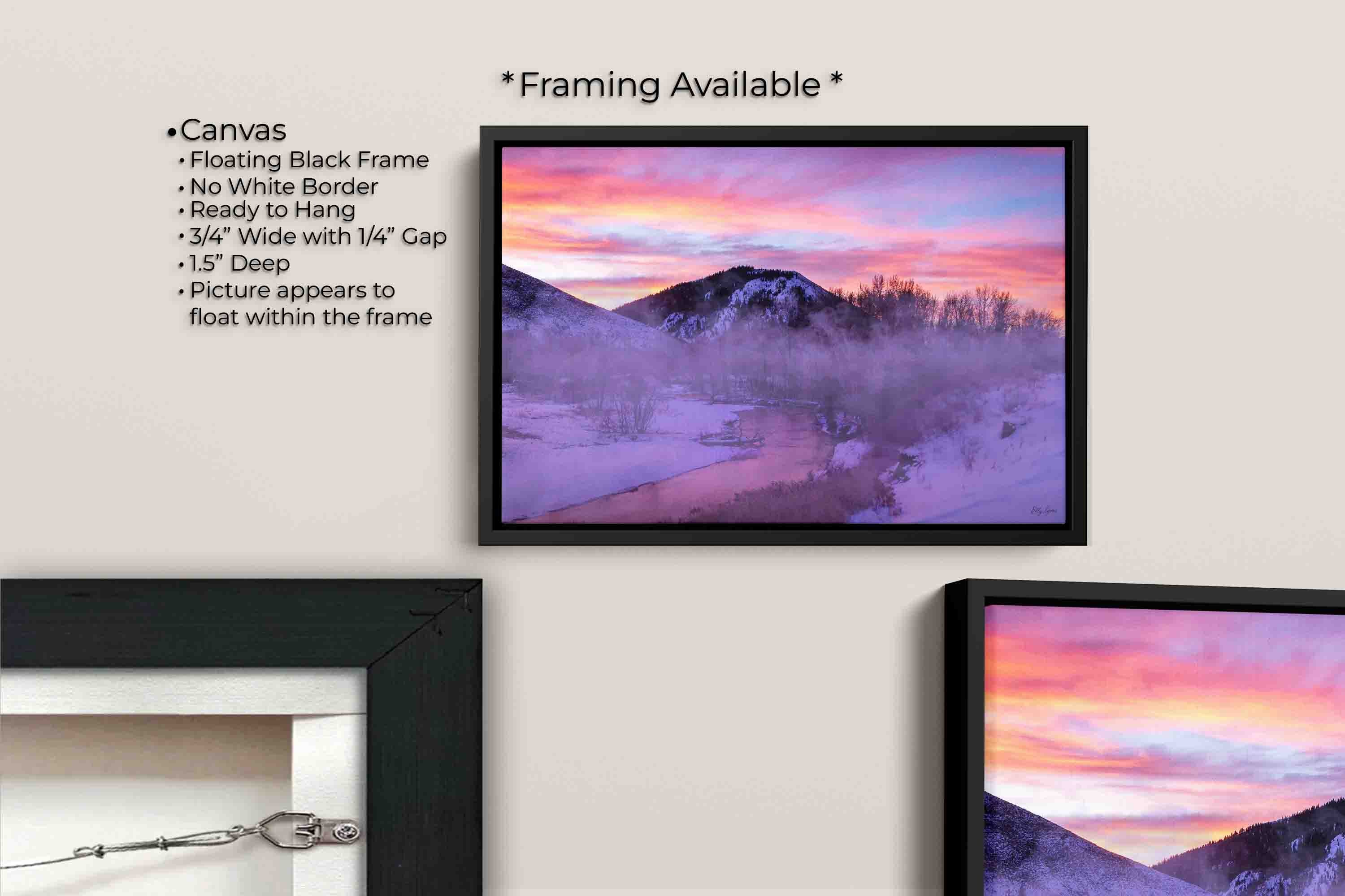 Box Car Bend Idaho sunrise fine art print canvas wall art in black float frame, canvas framing option details