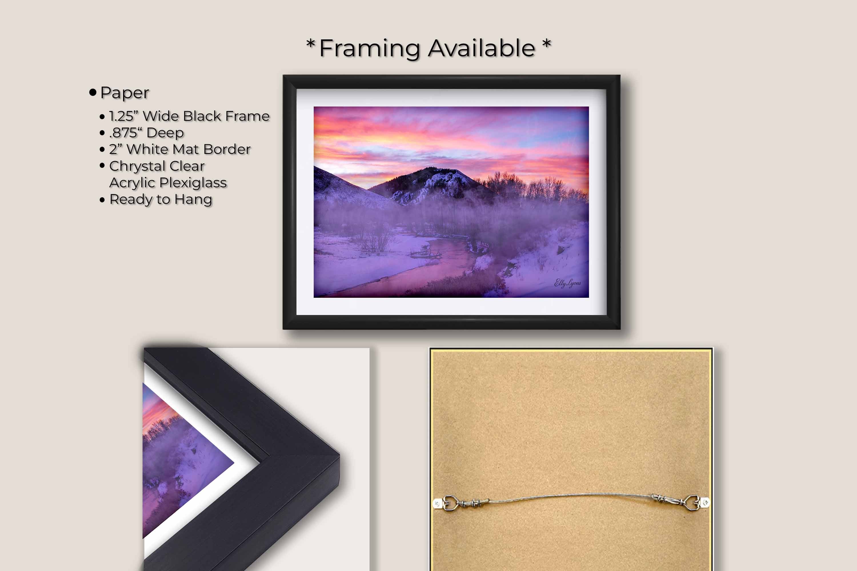 Box Car Bend Idaho sunrise fine art print in black frame with white mat, paper and framing option details