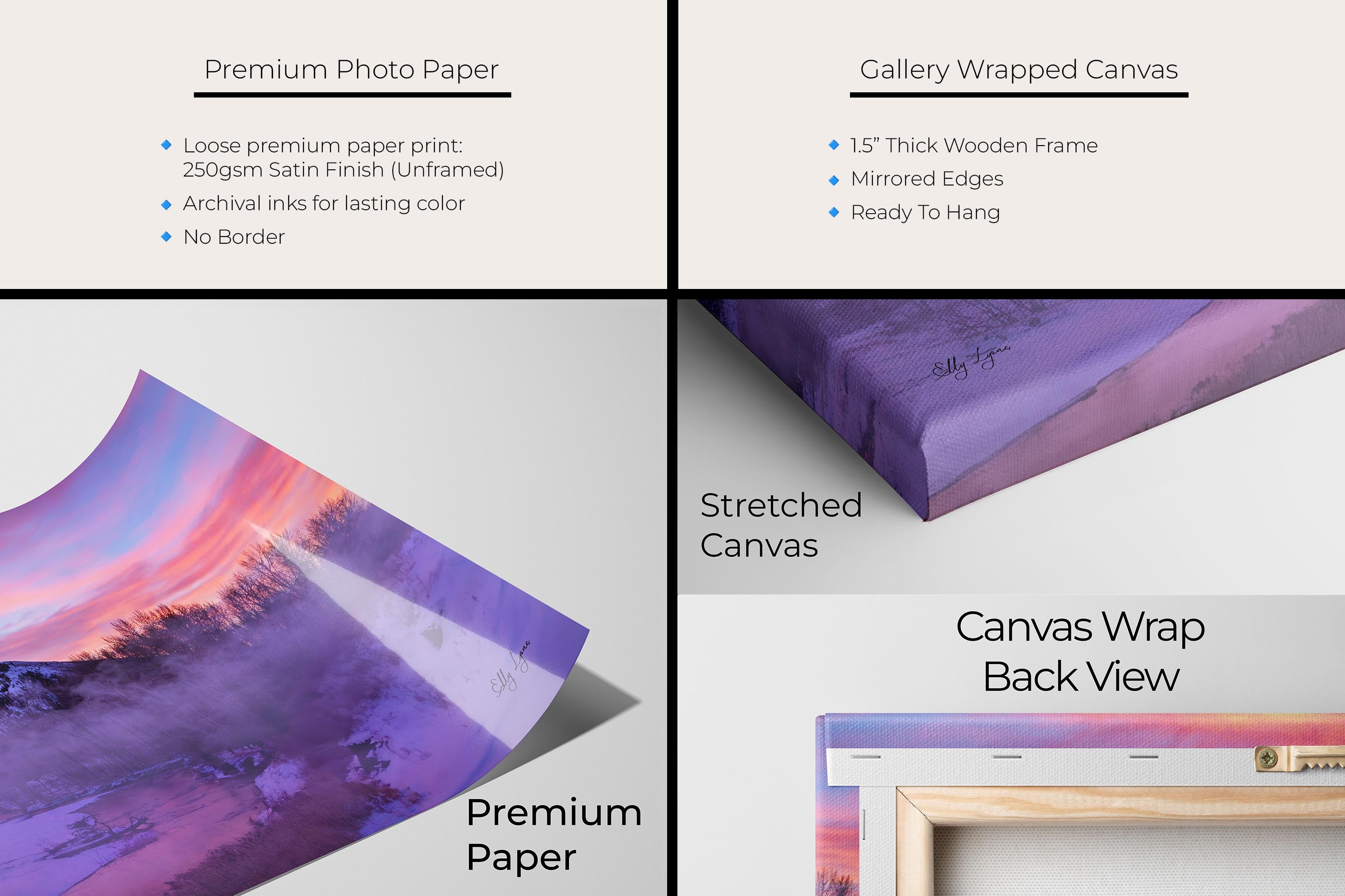 Box Car Bend Idaho sunrise fine art print artwork materials mockup showing premium photo paper and gallery wrapped canvas close up