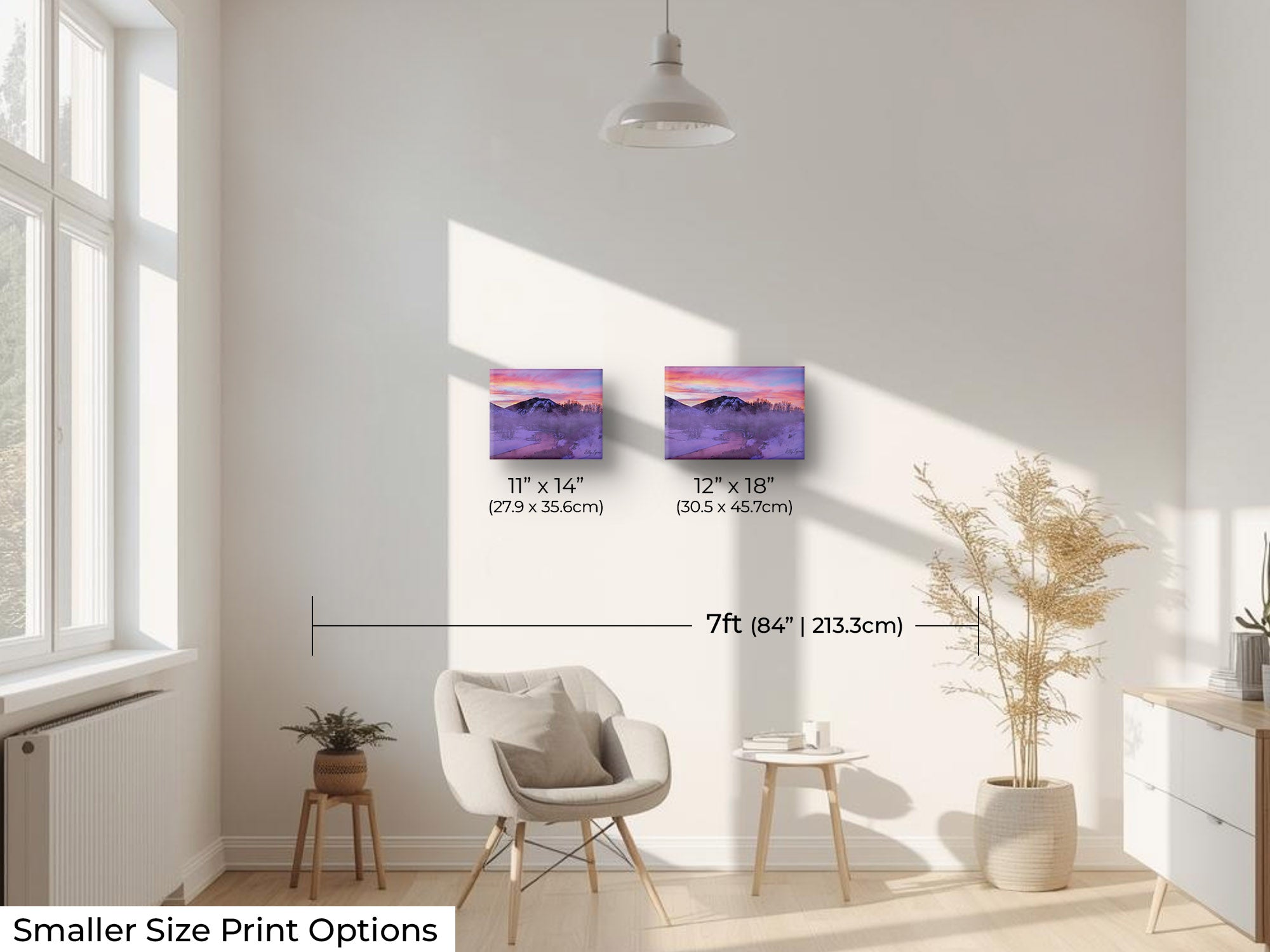 Box Car Bend Idaho sunrise fine art print wall art size mockup showing 11x14 and  12x18 inch prints above a reading chair by a seven foot wall