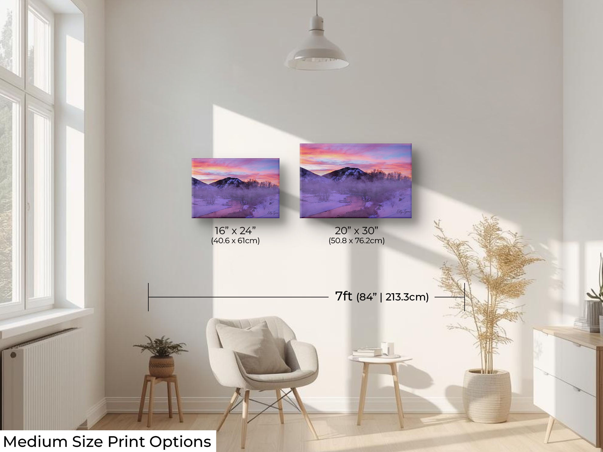 Box Car Bend Idaho sunrise fine art print wall art size mockup showing 16x24 and 20x30 inch prints above a reading chair by a seven foot wall