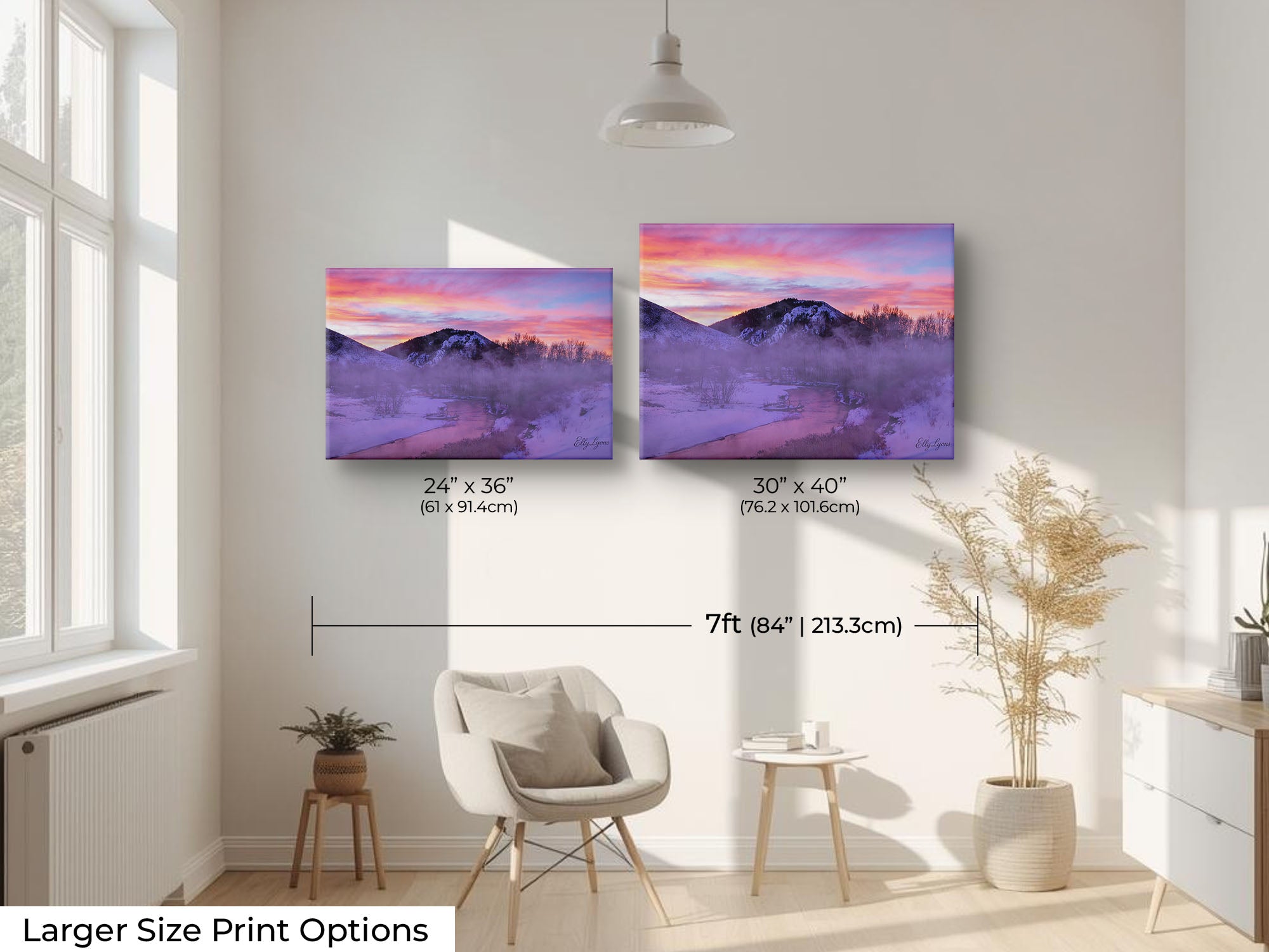 Box Car Bend Idaho sunrise fine art print wall art size mockup showing 24x36 and 30x40 inch prints above a reading chair by a seven foot wall