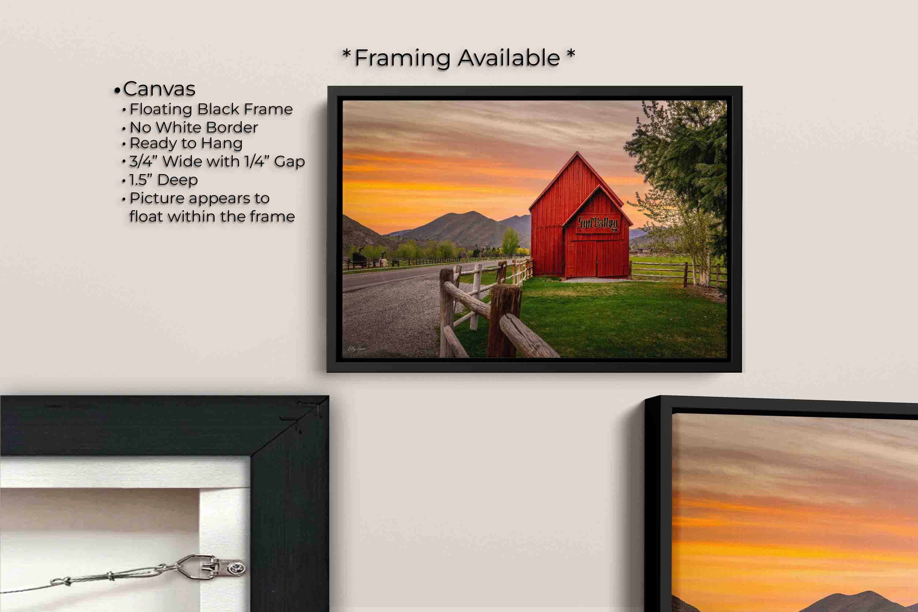 Sun Valley Idaho red barn at sunset fine art print canvas wall art in black float frame, canvas framing option details