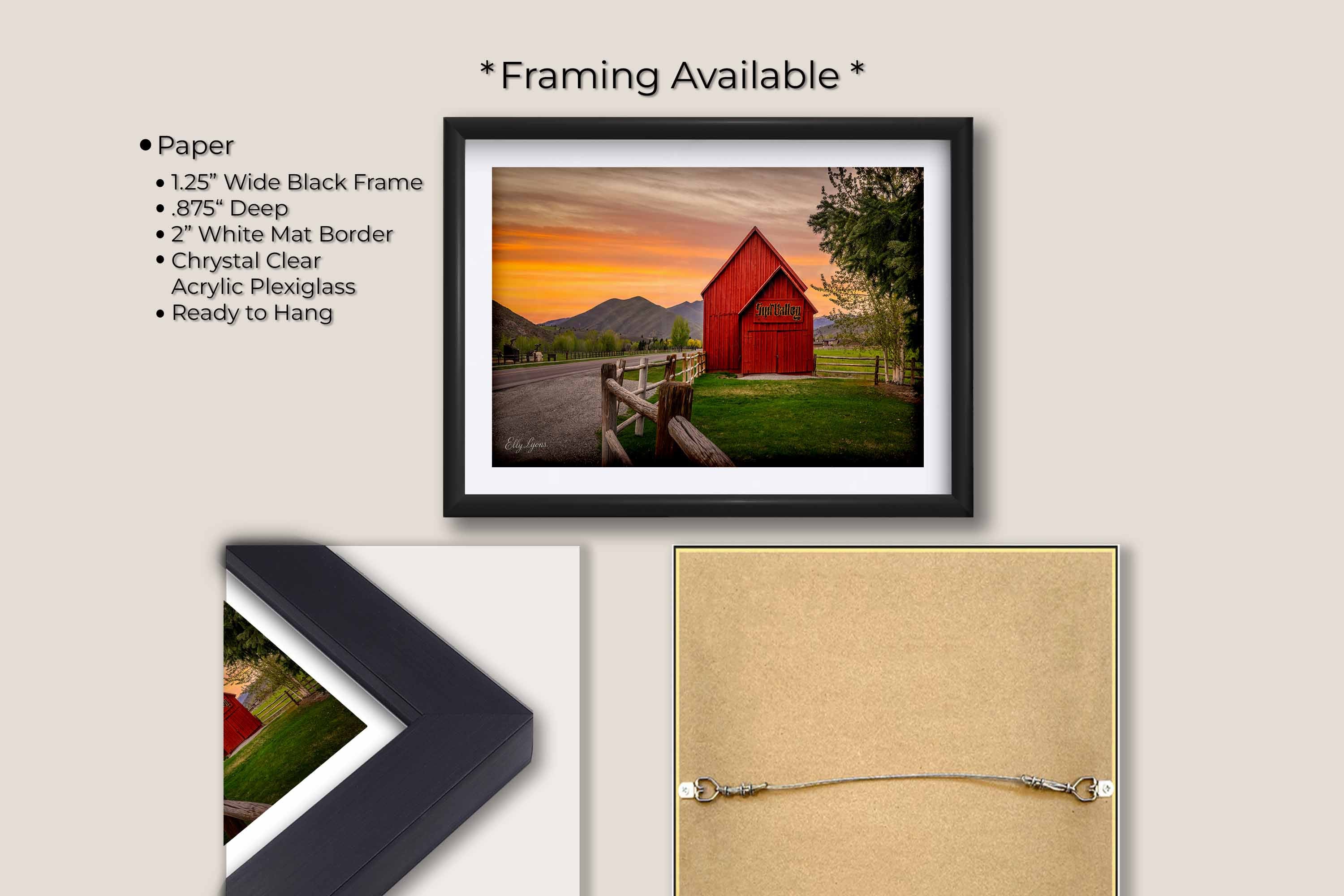 Sun Valley Idaho red barn at sunset fine art print in black frame with white mat, paper and framing option details