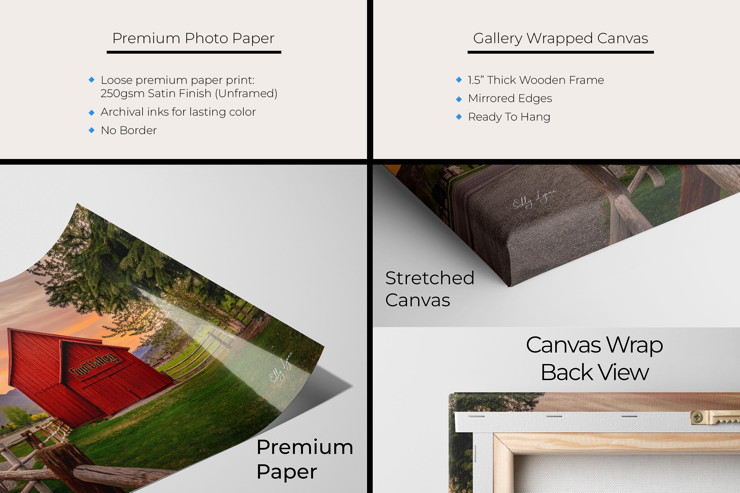 Sun Valley Idaho red barn at sunset fine art print artwork materials mockup showing premium photo paper and gallery wrapped canvas close up
