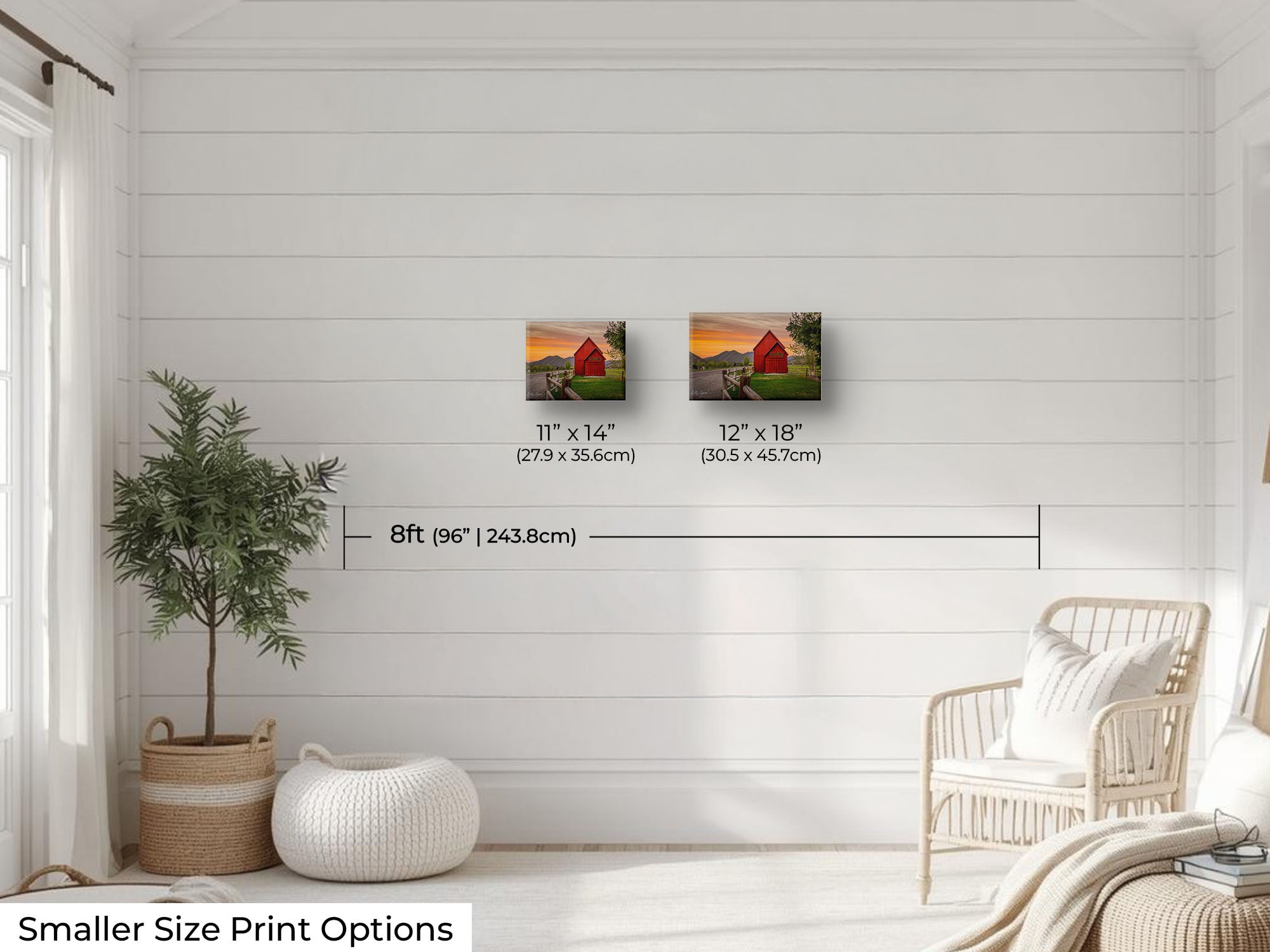 Sun Valley Idaho red barn at sunset fine art print wall art size mockup showing 11x14 and 12x18 inch prints above a reading chair by an eight foot wall