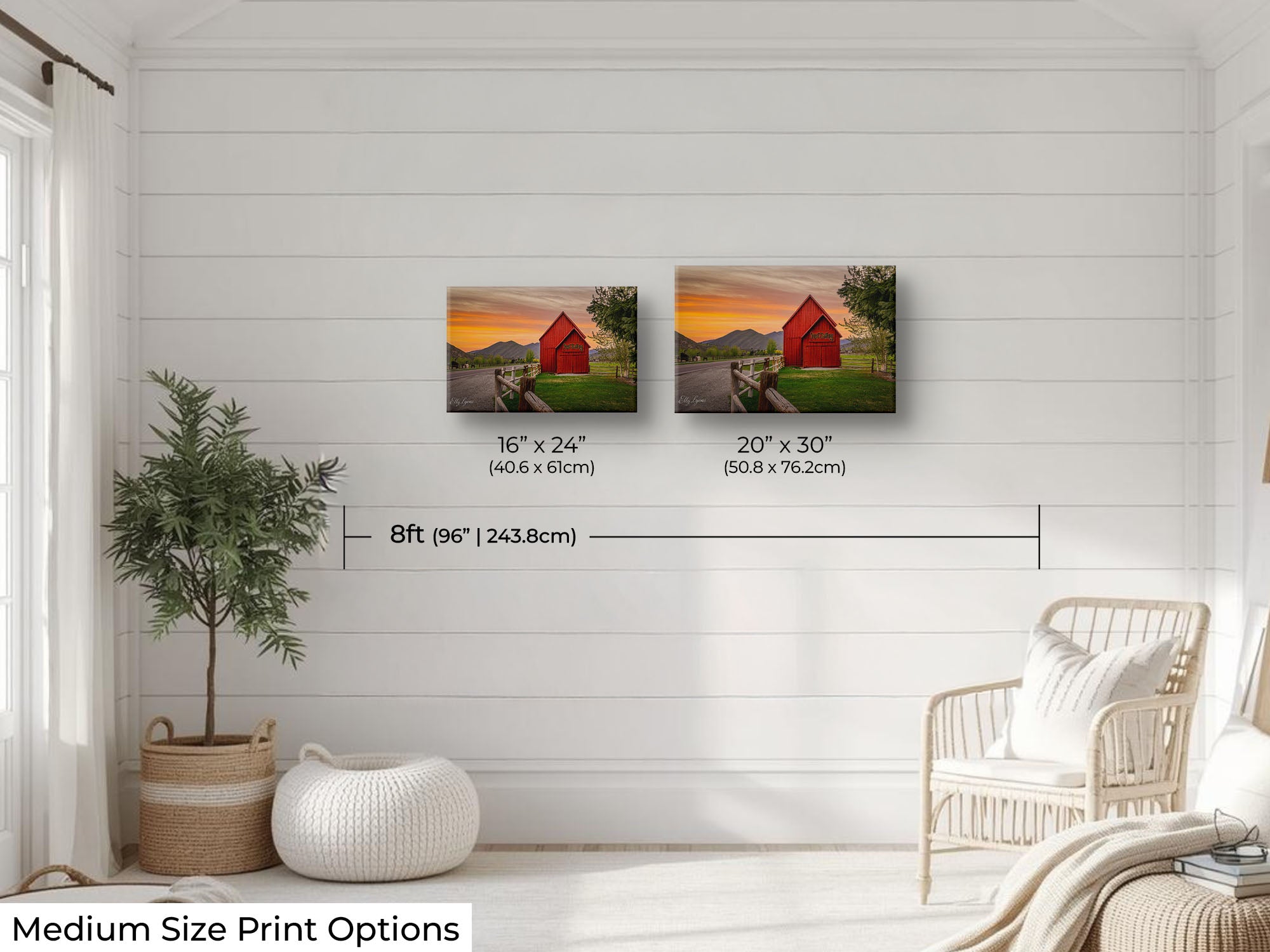 Sun Valley Idaho red barn at sunset fine art print wall art size mockup showing 16x24 and 20x30 inch prints above a reading chair by an eight foot wall