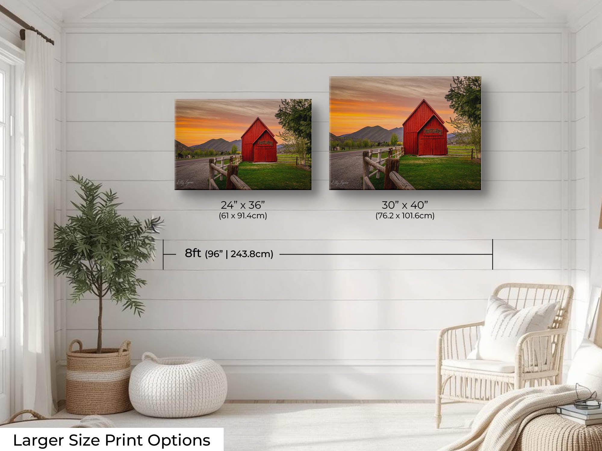 Sun Valley Idaho red barn at sunset fine art print wall art size mockup showing 24x36 and 30x40 inch prints above a reading chair by an eight foot wall