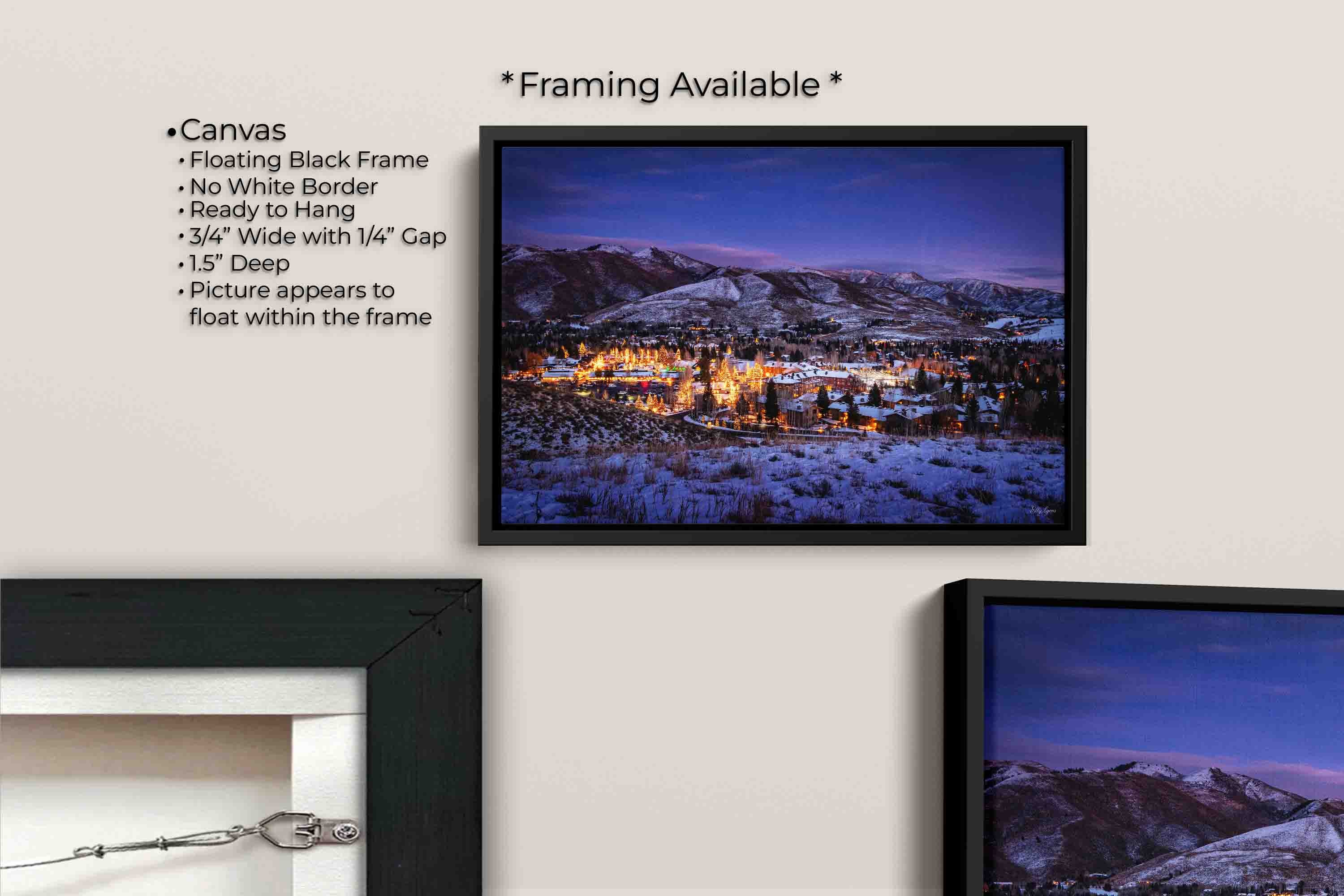 Sun Valley Idaho Christmastime sunset fine art print canvas wall art in black float frame, canvas framing option details