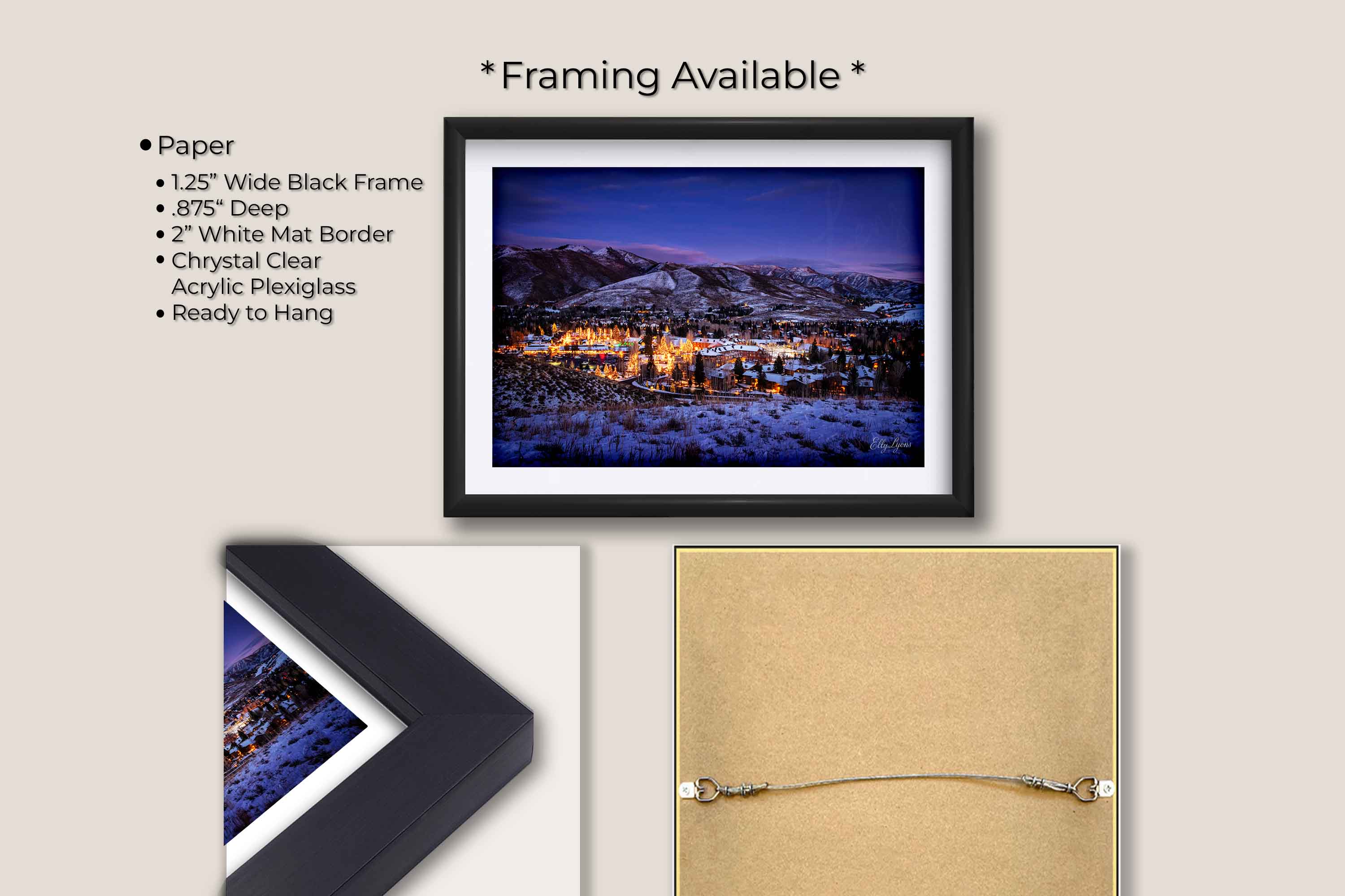Sun Valley Idaho Christmastime sunset fine art print in black frame with white mat, paper and framing option details