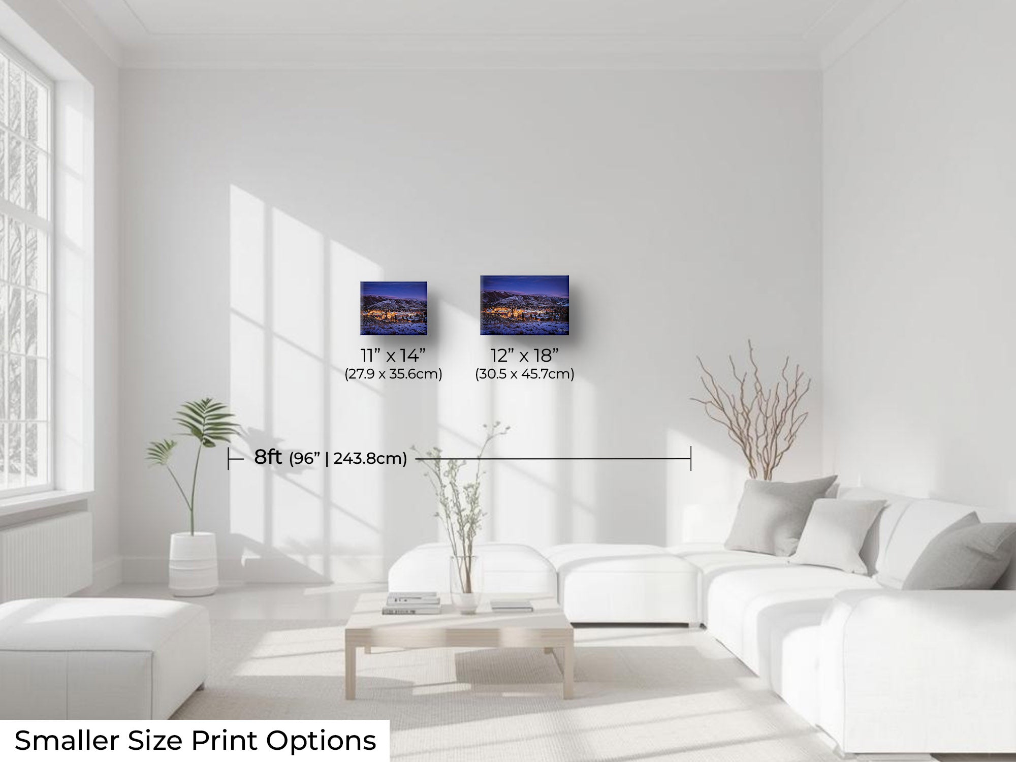 Sun Valley Idaho Christmastime sunset fine art print wall art size mockup showing 11x14 and 12x18 inch prints above a seven foot sofa 