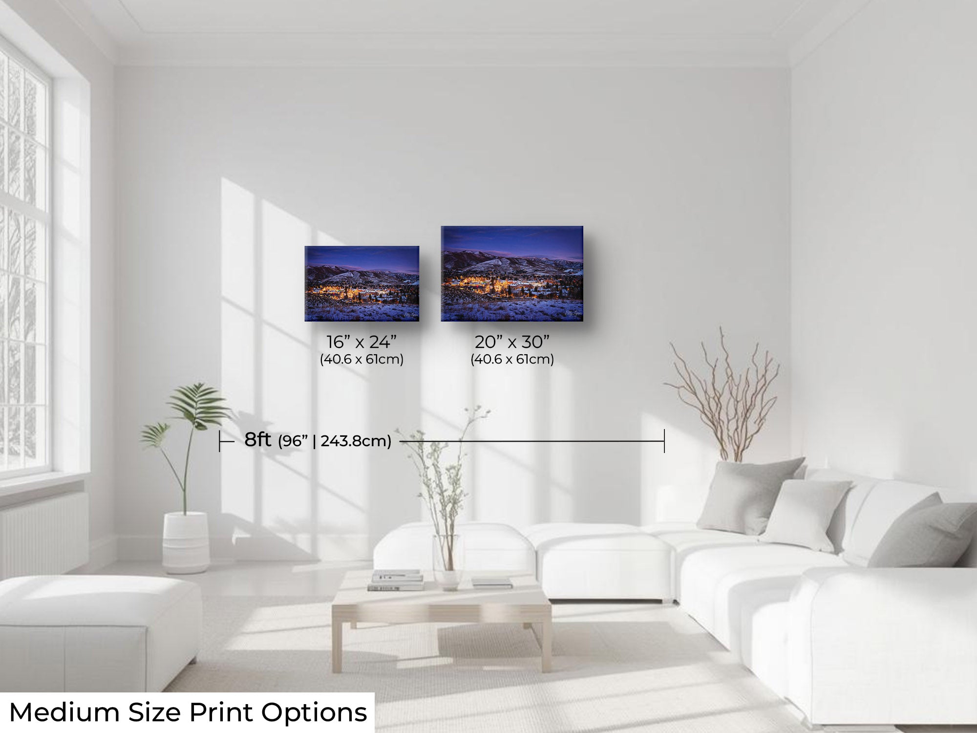 Sun Valley Idaho Christmastime sunset fine art print wall art size mockup showing 16x24 and 20x30 inch prints above a seven foot sofa 