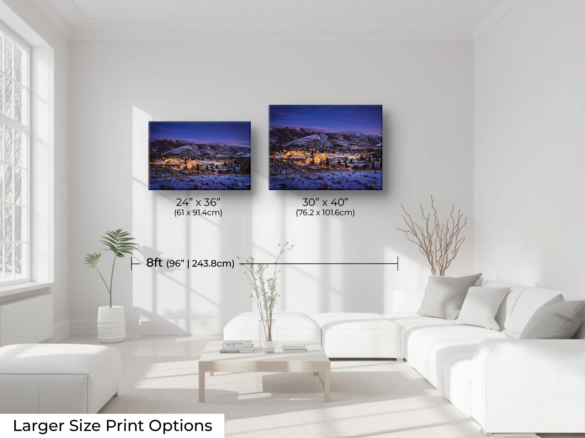 Sun Valley Idaho Christmastime sunset fine art print wall art size mockup showing 24x36 and 30x40 inch prints above a seven foot sofa 