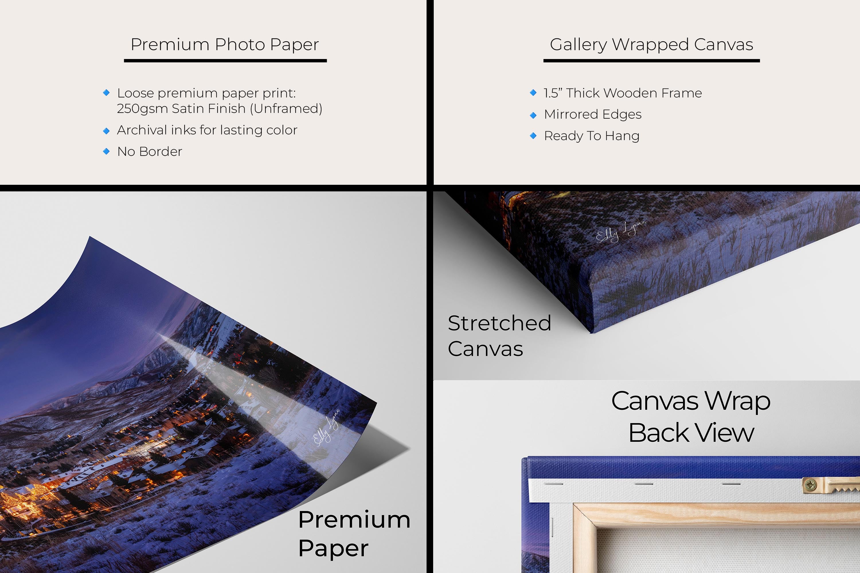 Sun Valley Idaho Christmastime sunset fine art print artwork materials mockup showing premium photo paper and gallery wrapped canvas close up