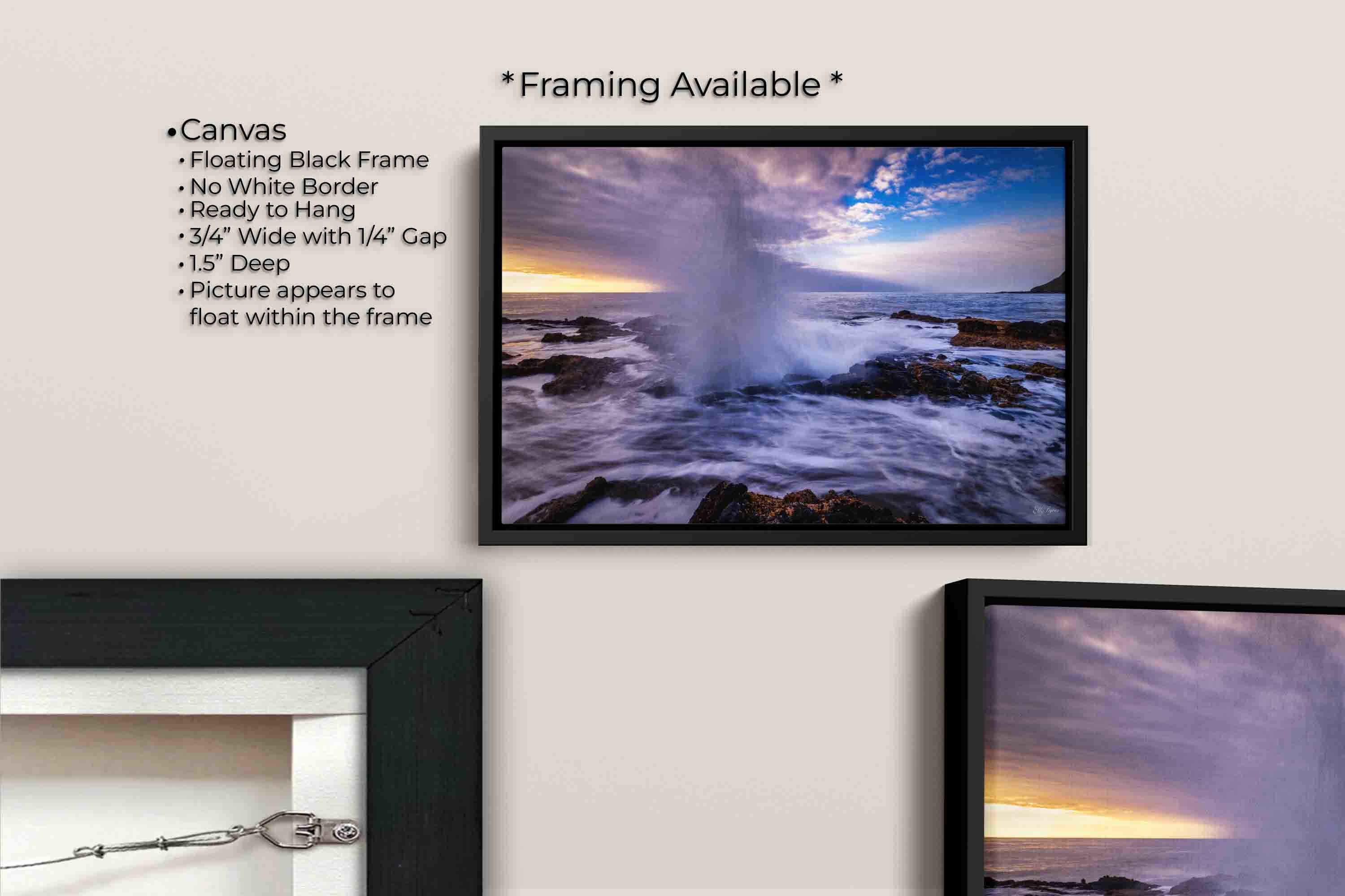 Oregon coast Thor’s Well sunset fine art print canvas wall art in black float frame, canvas framing option details
