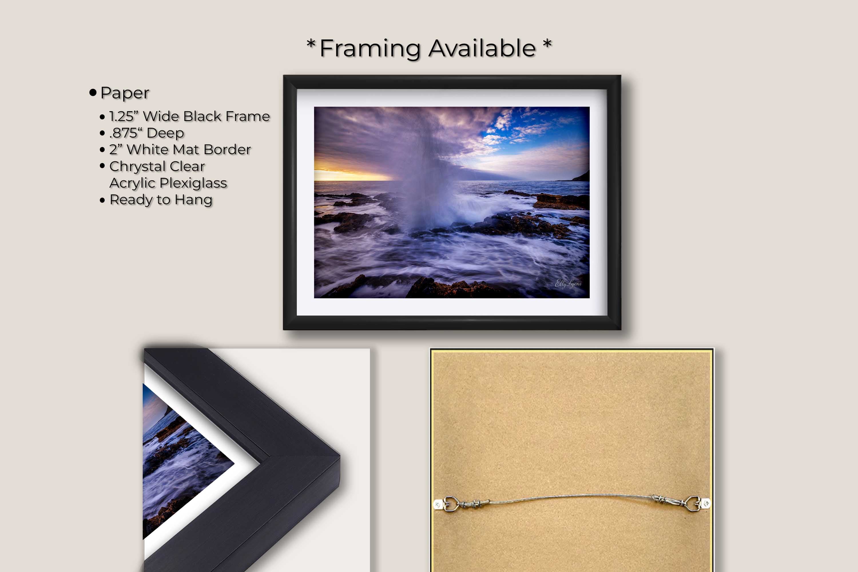 Oregon coast Thor’s Well sunset fine art print in black frame with white mat, paper and framing option details
