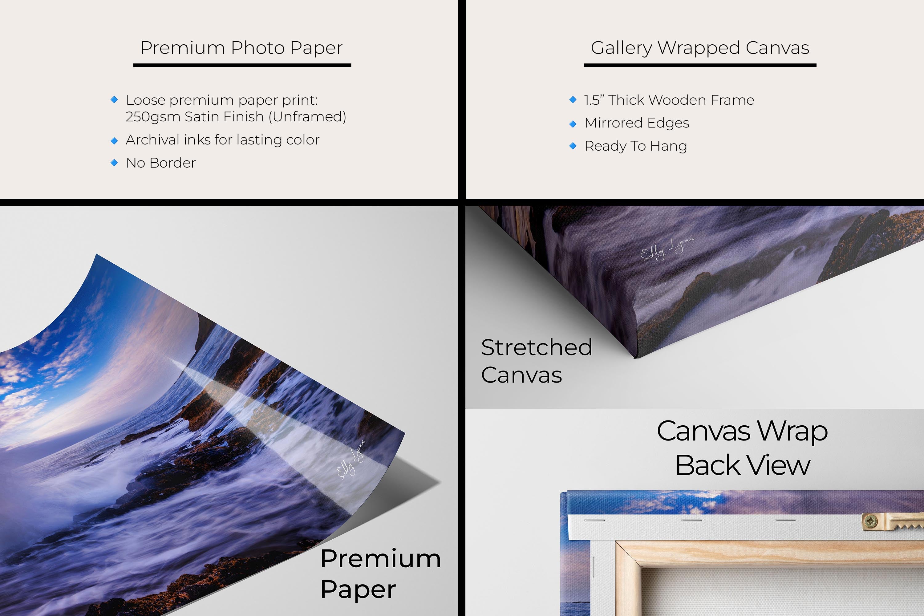 Oregon coast Thor’s Well sunset fine art print artwork materials mockup showing premium photo paper and gallery wrapped canvas close up