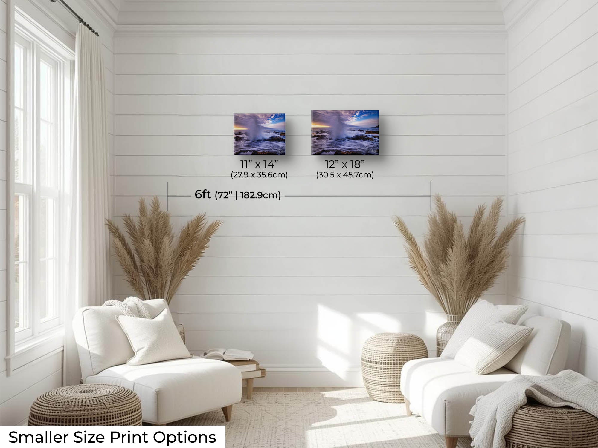 Oregon coast Thor’s Well sunset fine art print wall art size mockup showing 11x14 and 12x18 inch prints above a reading chair by a six foot wall