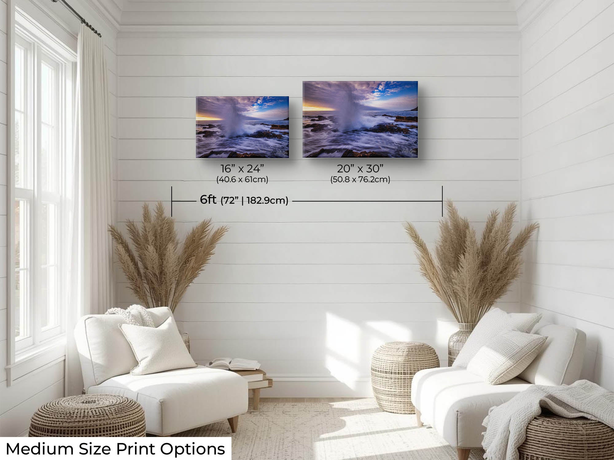 Oregon coast Thor’s Well sunset fine art print wall art size mockup showing 16x24 and 20x30 inch prints above a reading chair by a six foot wall